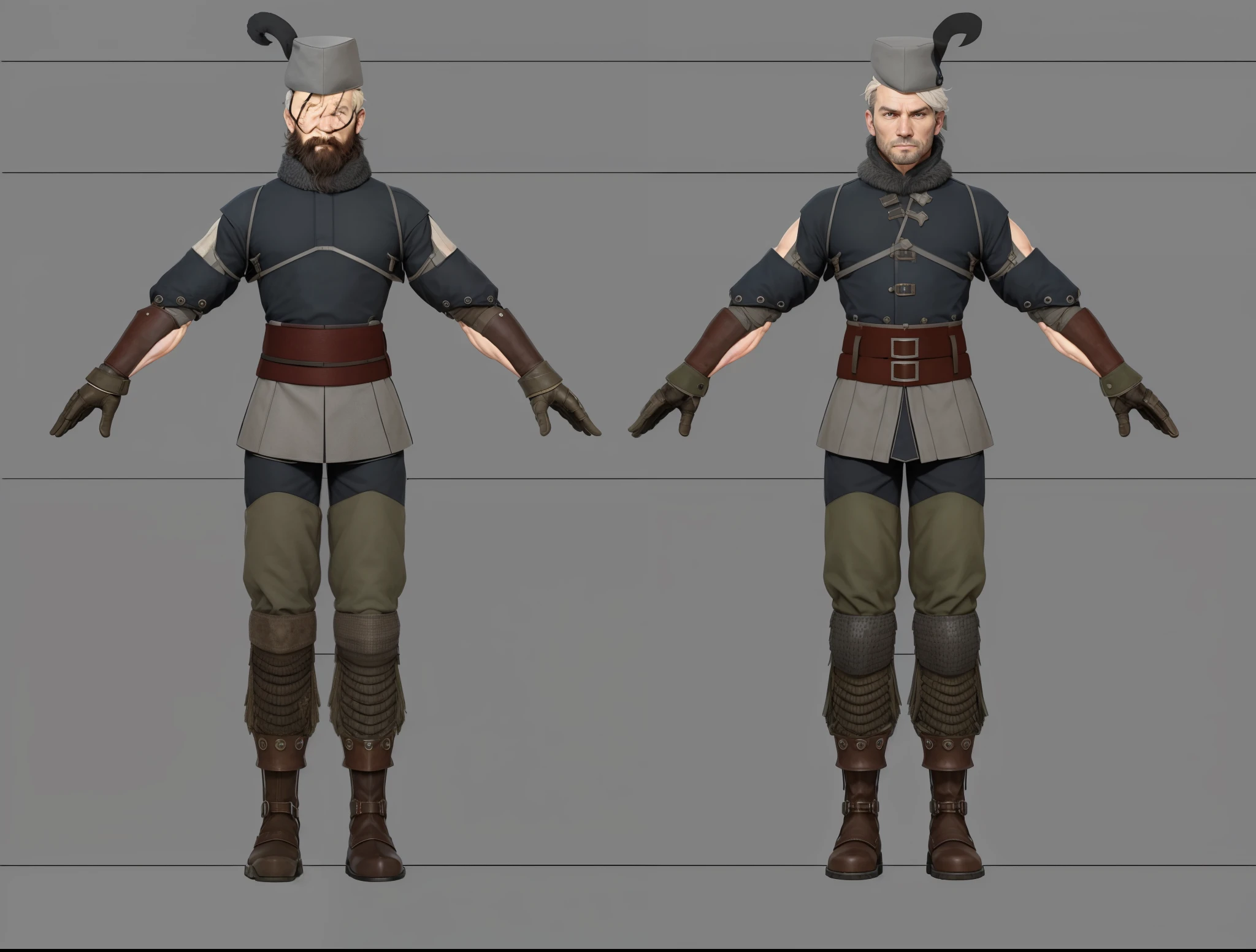 ( Realistic:1.33),(masterpiece:1.1),(highest quality:1.1),(HDR:1) a close up of a muscle hunter with a blade and a belt, full body concept, detailed full body concept, Viking ranger style, Viking protective, Portrait of a Viking, Viking warrior, Viking culture, Nordic warrior, Viking costume, Ancient Viking warrior, male Viking, with Machado, Nordic inspiration, Viking and barbarian aesthetics, full body character concept,costume concept design, full body details, detailed full body concept art, full character body, character model sheet turnaround, fullbody shot turnaround, concept character sheet, full body concept art, reference model sheet , full body concept art, RPG style character, game character design, 3d character reference sheet, video game character concept, detailed character design, character sheet, [ character model sheet turnaround ], front and back, (((front and back))), grey clean background, 3D character, leather belt, leather boots with rob, ((gambeson cloth)), leather belt on chest, (viking warrior), ((barbarian)),(((wide chest)), (gambeson loincloth), ragged loincloth,((leather drawstring pouch on belt)), ((back muscle)),((back muscle)),sword on back, sword hilt , ((staff on bag)), (((tattered trouser)))