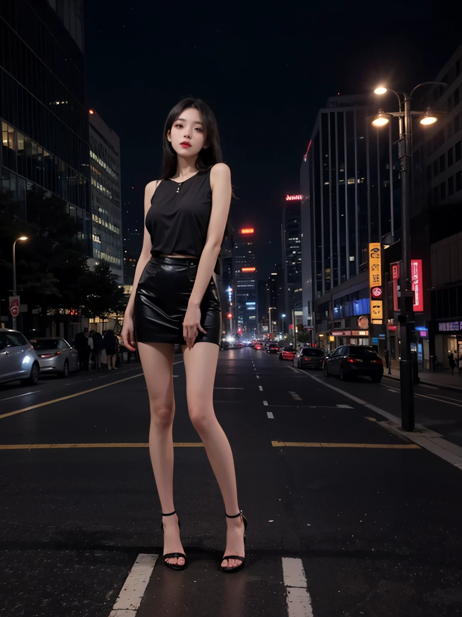Street at night, CBD building, long legs, fair skin, long black hair, facing the audience, full body shot, wearing a sexy mini skirt