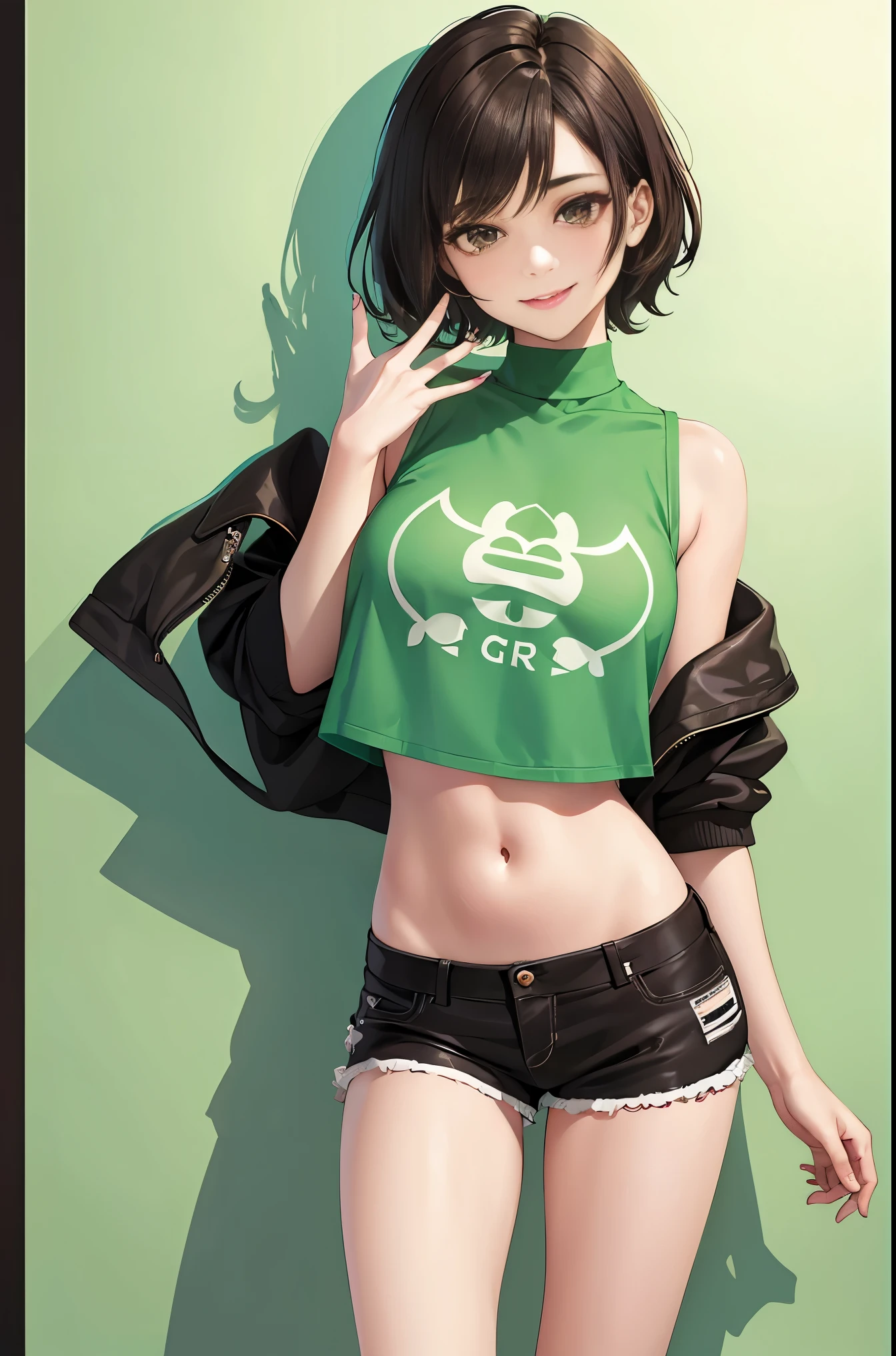 undertale,chala, girl,Sexy,green,crop top,short brown hair,Blushed,lust,hand repair,detail,X-rated,HD,no underwear,Smile,stick out your tongue,playful,clean,hot pants
