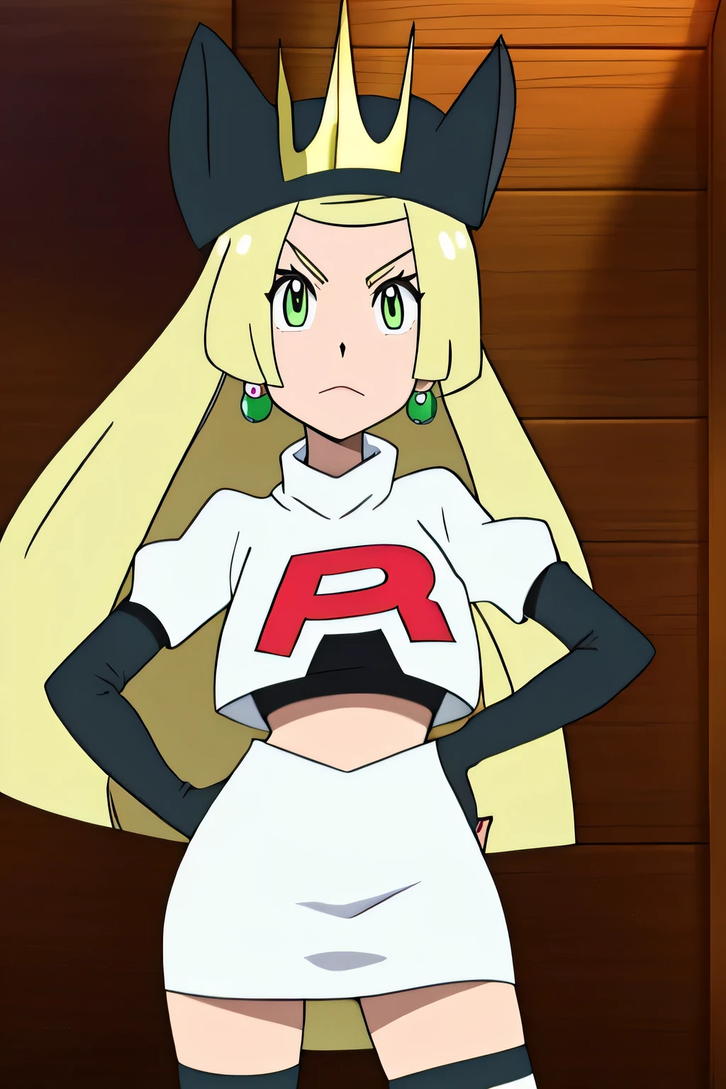 celinefe, celinecrown ,glossy lips, light makeup, eye shadow, earrings,masterpiece, best quality, highres,team rocket uniform, red letter r, white skirt, white crop top, black thigh-high boots, black elbow gloves, glaring angrily, looking at viewer, hands on hips, full body seen, zettai ryouiki sinister evil villianess look, 