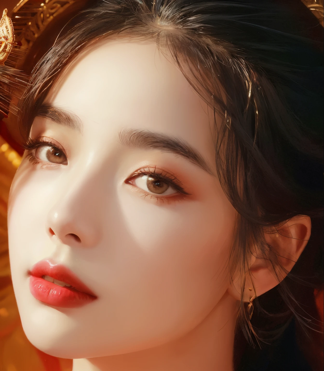 there is a woman with a red lipstick and a gold crown, glossy digital painting, high quality portrait, beautiful digital illustration, gorgeous digital painting, exquisite digital illustration, inspired by Huang Ji, beautiful digital painting, stunning digital illustration, high quality digital painting, stunning digital painting, high detail digital painting, in the art style of bowater, detailed digital painting