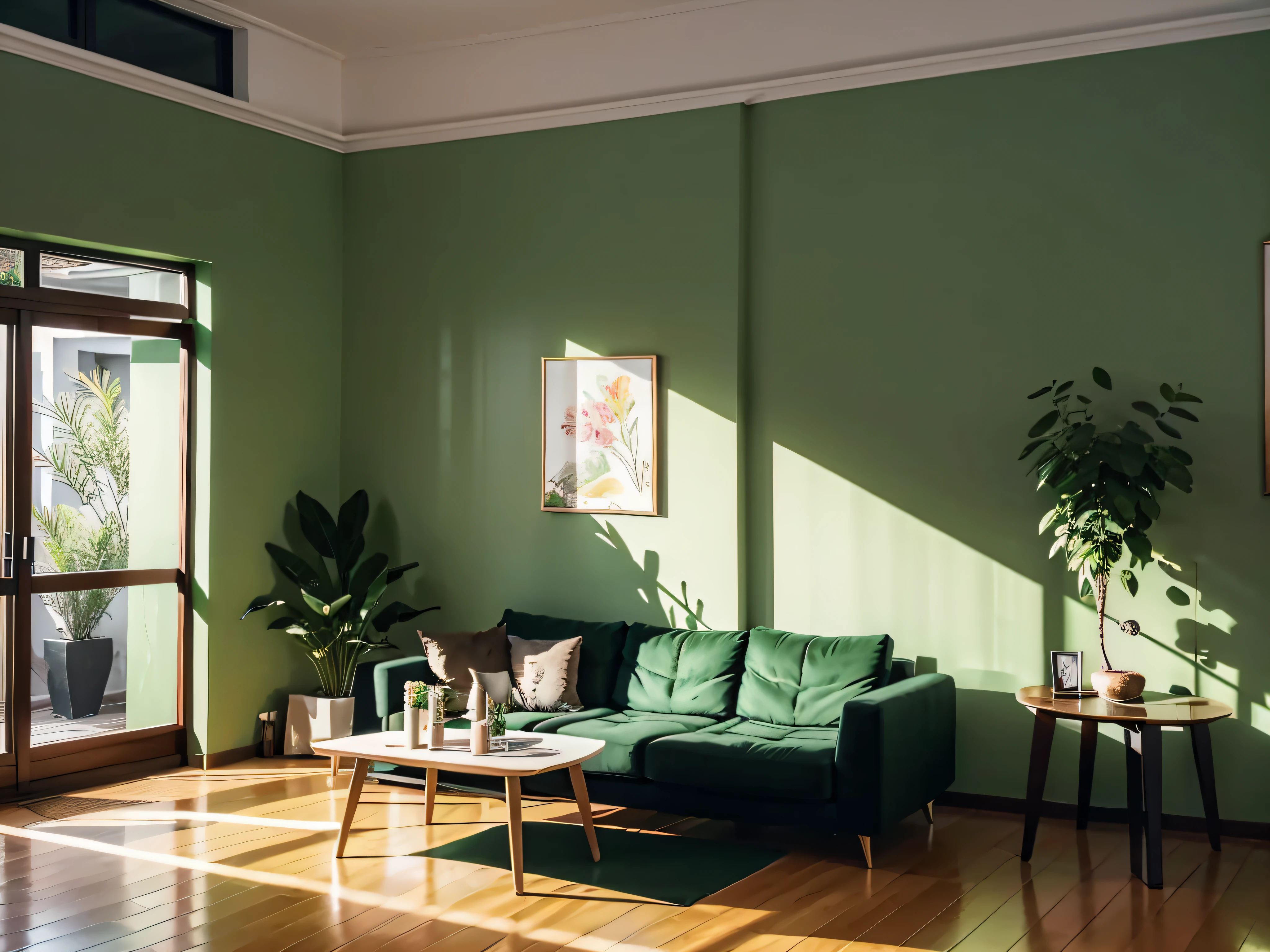 welcoming living room,sofe,tea table,dining table,Flooring,paintings in the walls,green plant