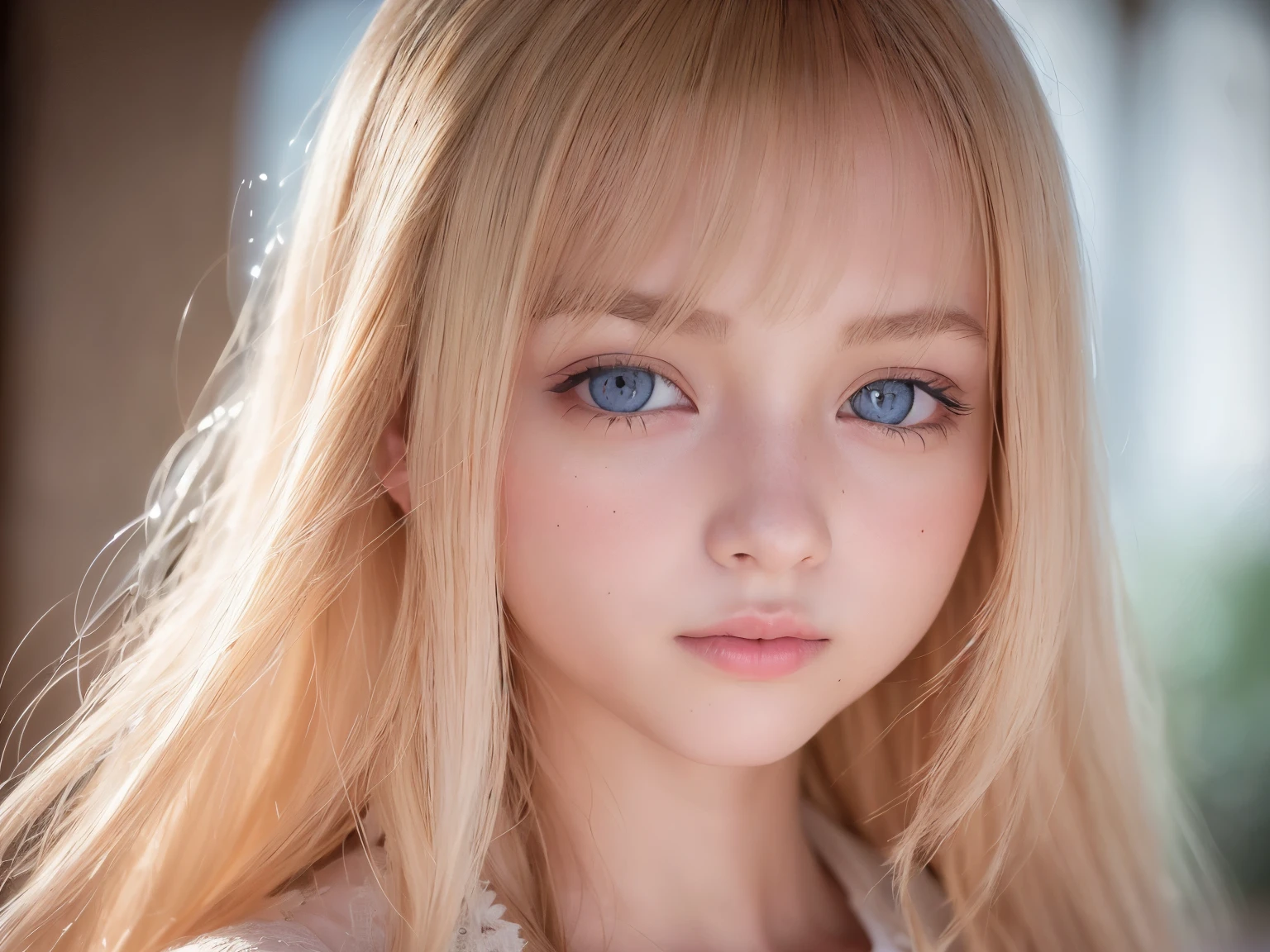 RAW photo, ((extreme beauty portrait))), (radiant white skin)), 1 girl, Pretty beautiful girl at 14 years old in Prague, (Bright blonde hair with natural sheen))), [blue eyes], silky thin hair, straight long hair, eyeliner, bangs, hair between eyes, fluttering hair, (((masterpiece, 最high quality, ultra detail, film light, intricate details, High resolution, 8K, very detailed)), detailed background, 8K UHD, Digital single-lens reflex camera, soft light, high quality, film grain, Fujifilm XT3, shallow depth of field, Natural light, (perfect hands), perfect beautiful face