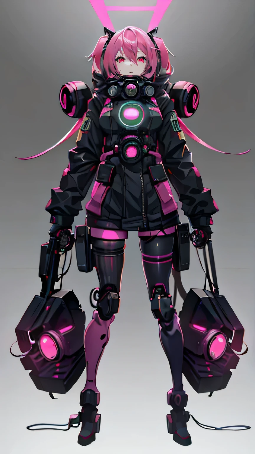 anime girl gas mask cyberpunk, pink hair, red eyes, The legs are mechanical robots, whole body,