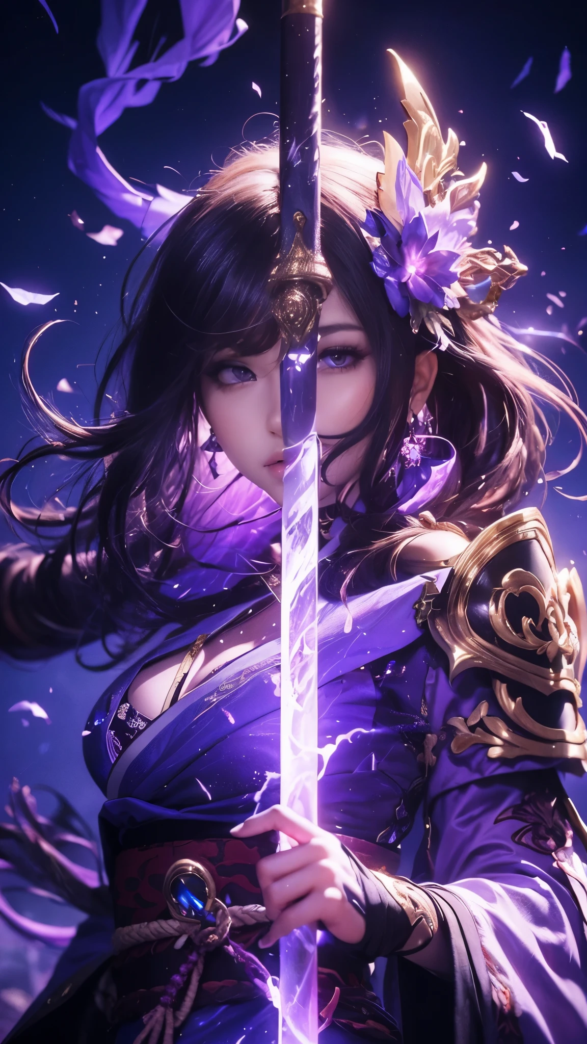 (ultra realistic photo, 8k uhd, full of details in clothes and face, masterpiece, girl goddess of beauty). Shogun Raider from Genshin Impact is a sexy woman with long, flowing purple hair, who wears a highly detailed sexy lingerie, she wears a jewel on the side of her head adorned with gold details and a gem in the center. - She wears a purple and pink outfit with gold details, with ornate designs in gold. The upper part of the armor is tight to the body, highlighting its curves. (she has long breasts, huge and perfect breasts emerging from her sexy, erotic cleavage, sharp pointed BREASTS), ((transparent micro panties showing pussy, perfect pussy)), defined body, body with curves, big perky ass, pussy showing, His arms are covered in armored gloves that have similar designs in gold and are attached to his upper arm by straps. - A piece of cloth flows from his waist, complementing the armor look. - Her face is very beautiful, she has light pink eyes and a serious expression. - In the background, there is a dramatic sky full of dark clouds and lightning lighting the scene. A full moon is also visible between the clouds.