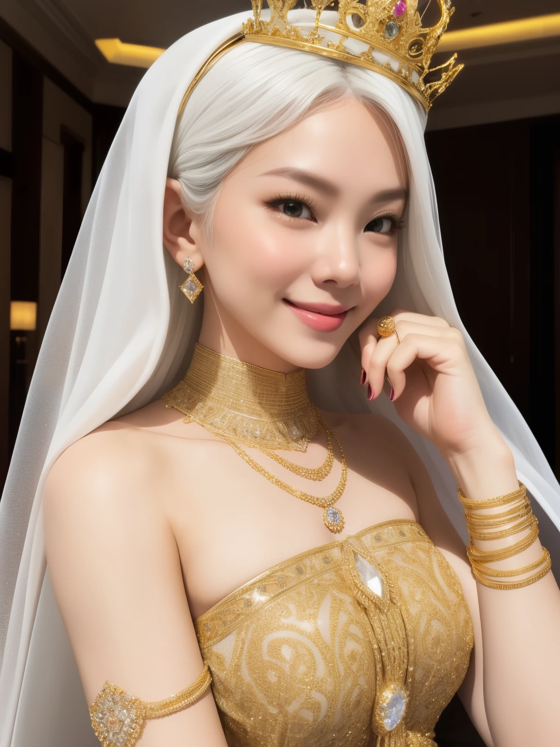 A Goddes sexy pose, diamond crown, white hair, realistic face, angelic body, gold veils, happy eyes, shy smiling, high density, 10 sharpen, side view, more exposed body, wearing nothing
Location: luxury heaven land