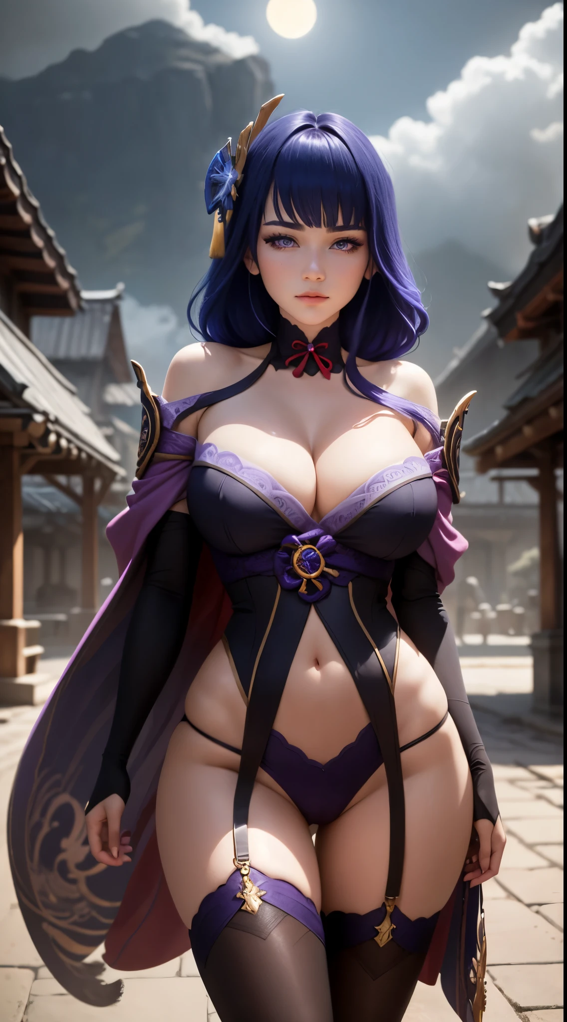 (ultra realistic photo, 8k uhd, full of details in clothes and face, masterpiece, girl goddess of beauty). Shogun Raider from Genshin Impact is a sexy woman with long, flowing purple hair, who wears a highly detailed sexy lingerie, she wears a jewel on the side of her head adorned with gold details and a gem in the center. - She wears a purple and pink outfit with gold details, with ornate designs in gold. The upper part of the armor is tight to the body, highlighting its curves. (she has long breasts, huge and perfect breasts emerging from her sexy, erotic cleavage, sharp pointed BREASTS), ((transparent micro panties showing pussy, perfect pussy)), defined body, body with curves, big perky ass, pussy showing, His arms are covered in armored gloves that have similar designs in gold and are attached to his upper arm by straps. - A piece of cloth flows from his waist, complementing the armor look. - Her face is very beautiful, she has light pink eyes and a serious expression. - In the background, there is a dramatic sky full of dark clouds and lightning lighting the scene. A full moon is also visible between the clouds.