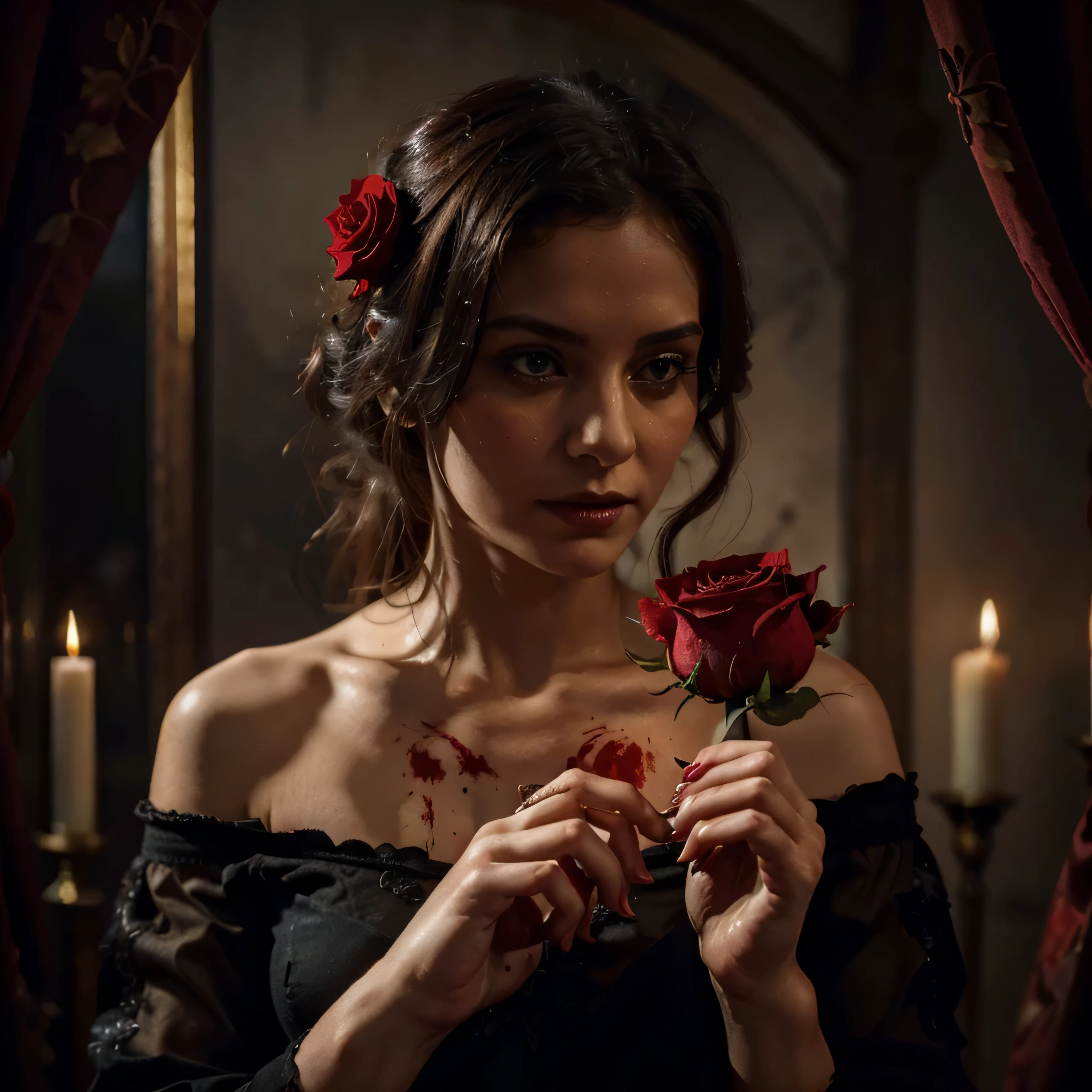 (high resolution:1.2),oil painting,mano de mujer detallada,sosteniendo una rosa roja,centrado,fading petals,Gothic style,oscuro y vibrante, Detalles de BLOOD, small flickering flame