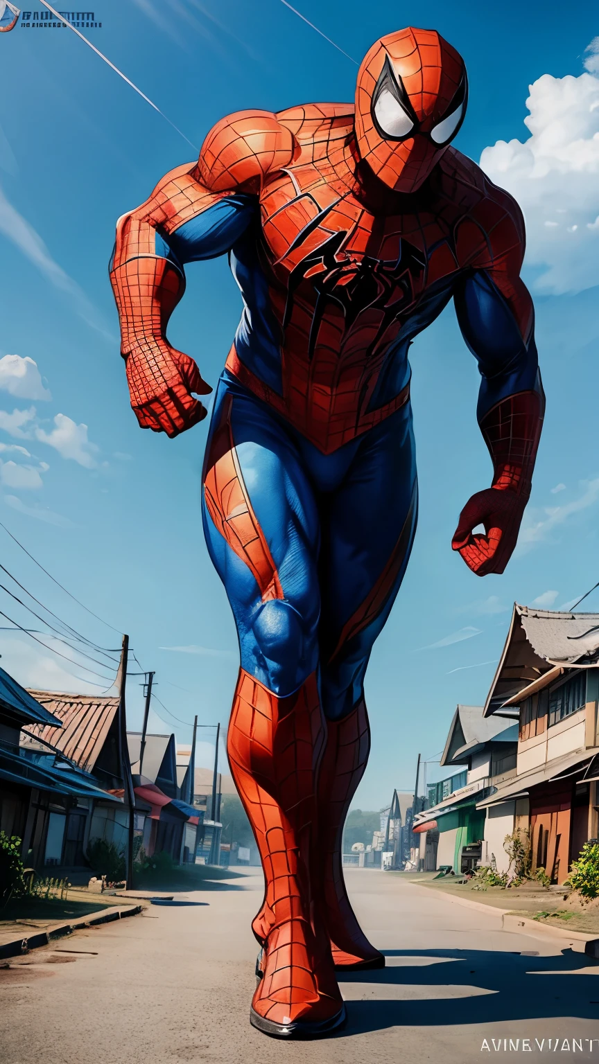 Giant doomsday,villain,spiderman colour and logo,in a village in Indonesia,walking