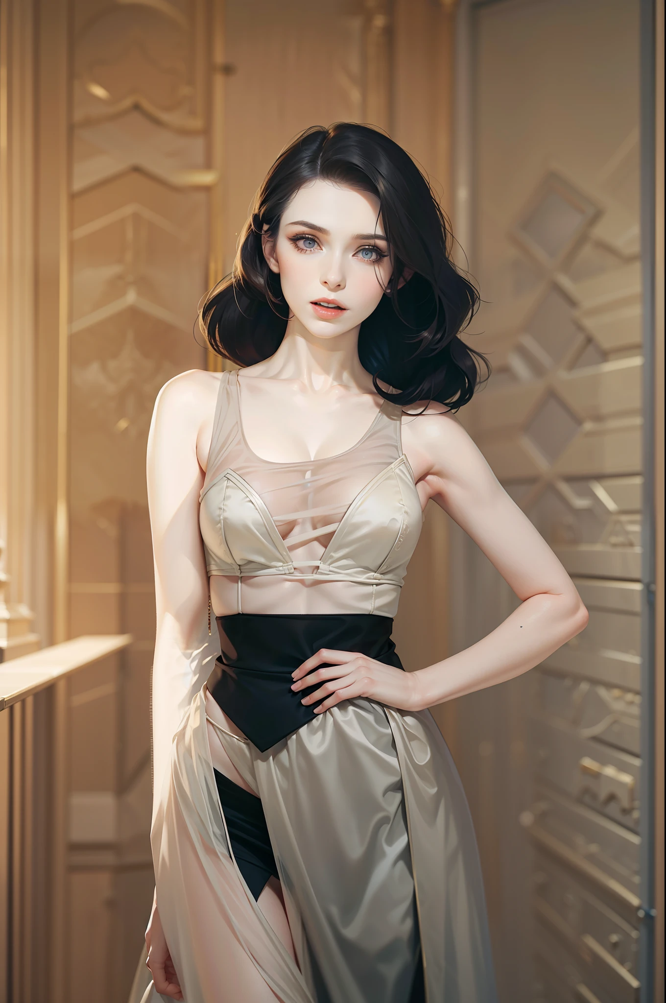 there is a woman that is standing in a room with a black dress, pale fair skin!!, with pale skin, young beautiful amouranth, ivory pale skin, pale glowing skin, soft flawless pale skin, amouranth, pale ivory skin, better known as amouranth, soft pale golden skin, smooth pale skin, pale skin!, natural soft pale skin