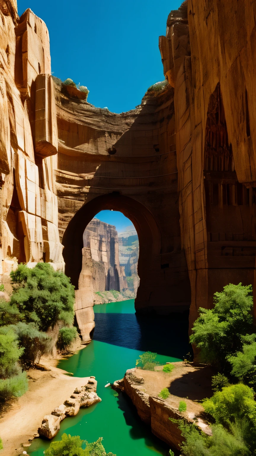 there is a large wooden statue in the middle of a narrow canyon, unreal engine 5 renderered, inspired by Ras Akyem, giant gold head statue ruins, video game screenshot>, still from a music video, by Thomas Crane, giant majestic archways, inspired by ferdinand knab