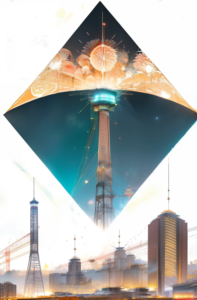 Dalin company&#39;s logo, ( Geometric ), 
((CNY卡))：1.37 city night view，public construction，railway，Viaduct surrounding the city，Bustling metropolis，城市light秀，Brilliant laser fireworks bloom in the sky，many fireworks，light，((CNY)) ，new Year card，Construction，