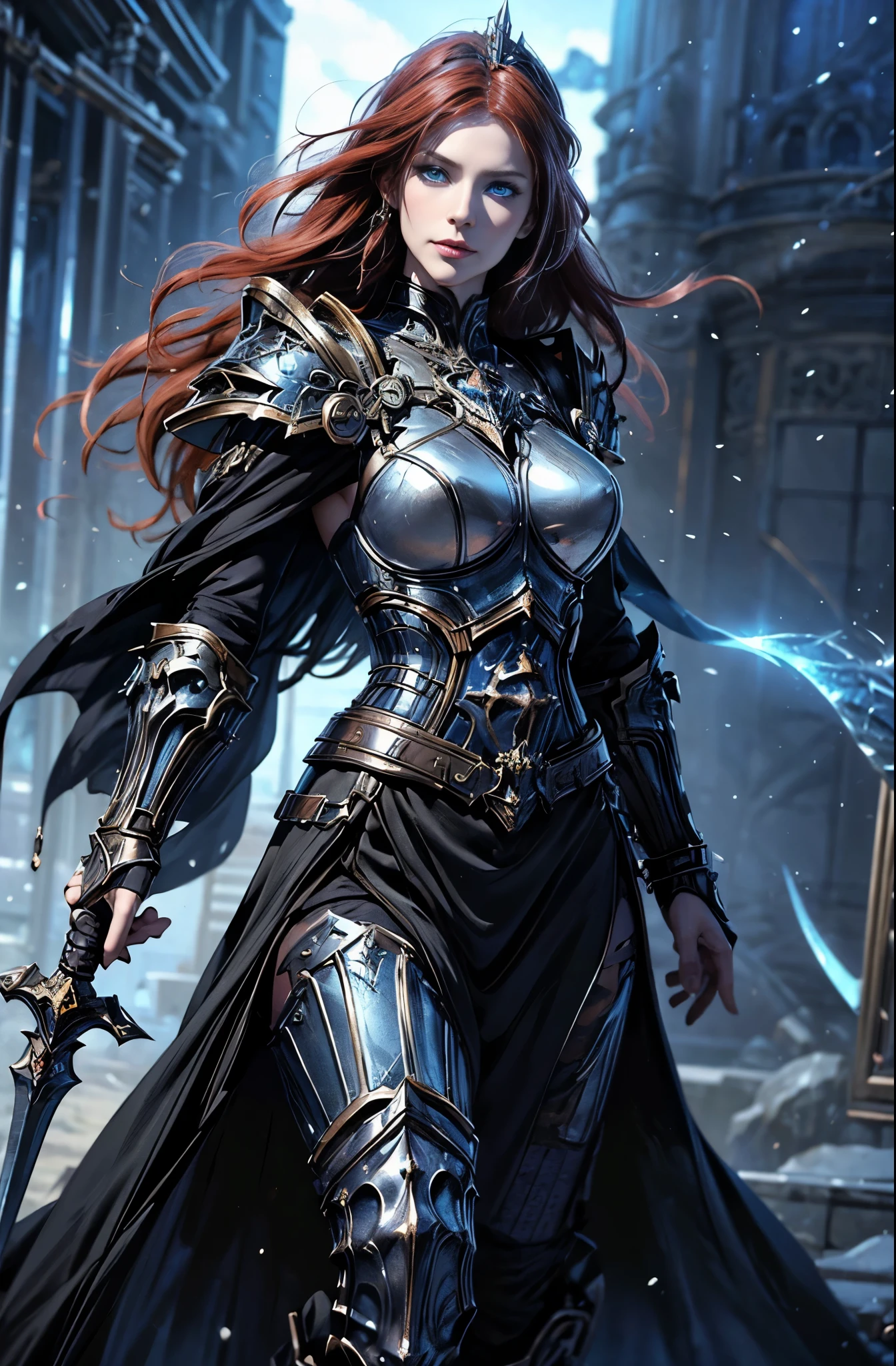 Arafe woman in black dress with sword and armor, red hair, 4K fantasy art, epic fantasy art style hd, Epic fantasy digital art style, detailed fantasy art, HD fantasy art, high quality fantasy art, fantasy paladin female, detailed fantasy digital art, 2. 5d cgi anime fantasy artwork, epic fantasy art style, Beautiful Female Knight, Battlefield Commander, A woman in her 20s who boasts unparalleled beauty, Invincible female general, Goddess of battle, best quality, perfect angle, perfect composition, best shot, official art, cinematic light, very beautiful and fantastic, extremely detailed and beautiful eyes, blue eyes without pupils, beautiful blue eyes, quite beautiful face