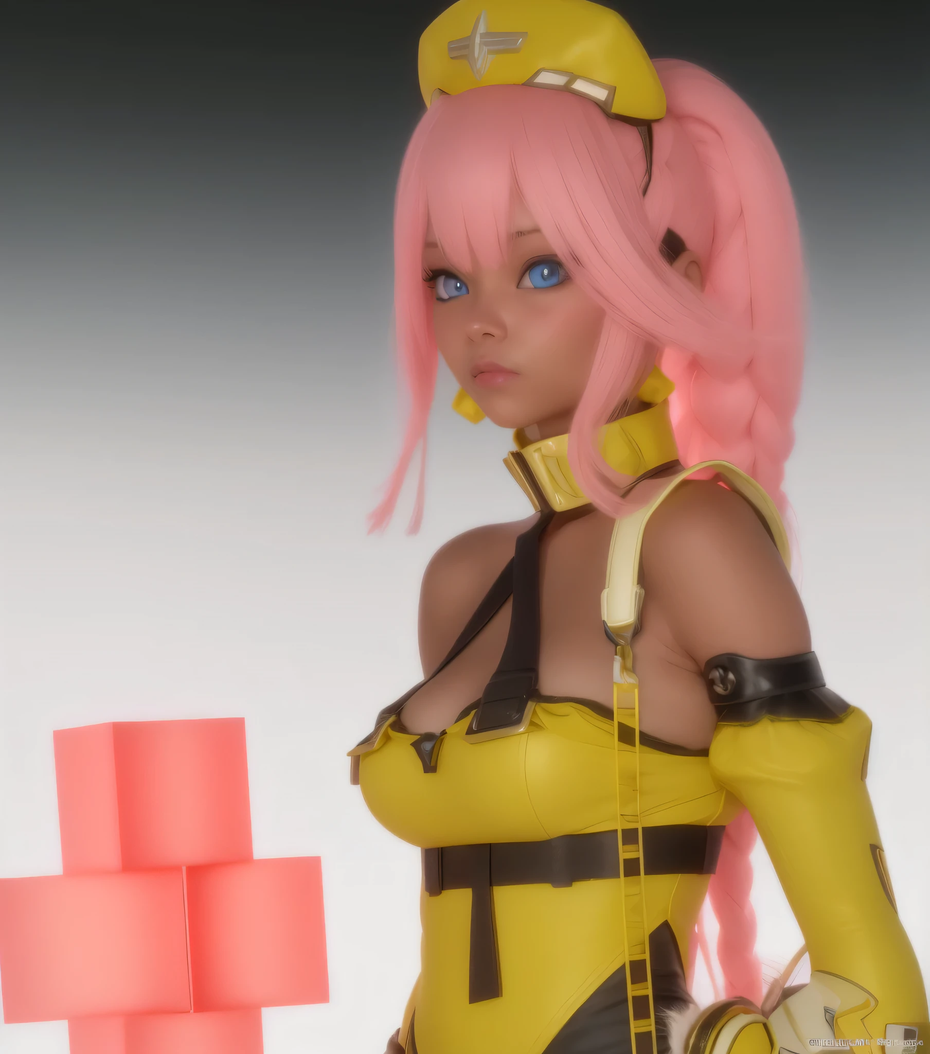 there is a woman with pink hair and a yellow outfit, render of a cute 3d anime girl, rendered in sfm, lovely brigitte from overwatch, epic 3 d oshun, pink and yellow, brigitte from overwatch, 3d anime girl, pink iconic character, senna from league of legends, close up character, anime styled 3d, video game character, bright blue eyes, light tan skin