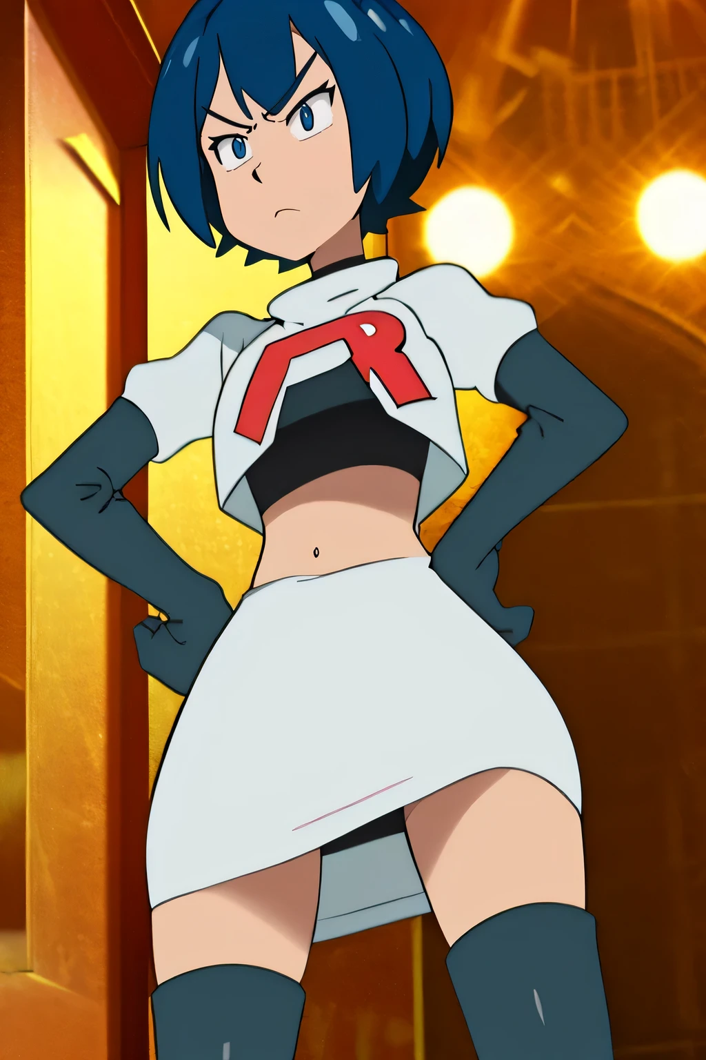 8k, masterpiece,highres,very large breast, team rocket uniform, red letter r, white skirt,white crop top,black thigh-high boots, black elbow gloves, glaring angrily, looking down at viewer, hands on hips, cowboy shot, zettai ryouiki,from below, black panties,anime style, vivid colors, sharp focus, intense lighting,defshamir