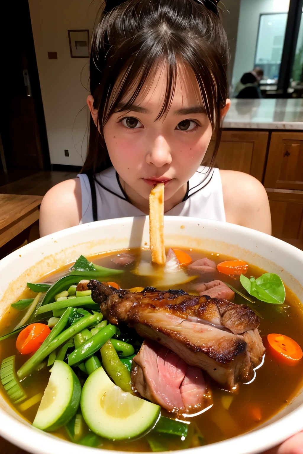 best quality，a girl eating，Detailed face，There is a Chinese hotpot in the front，Fat cattle，lamb leg，Green vegetables，There is a lot of meat on the table