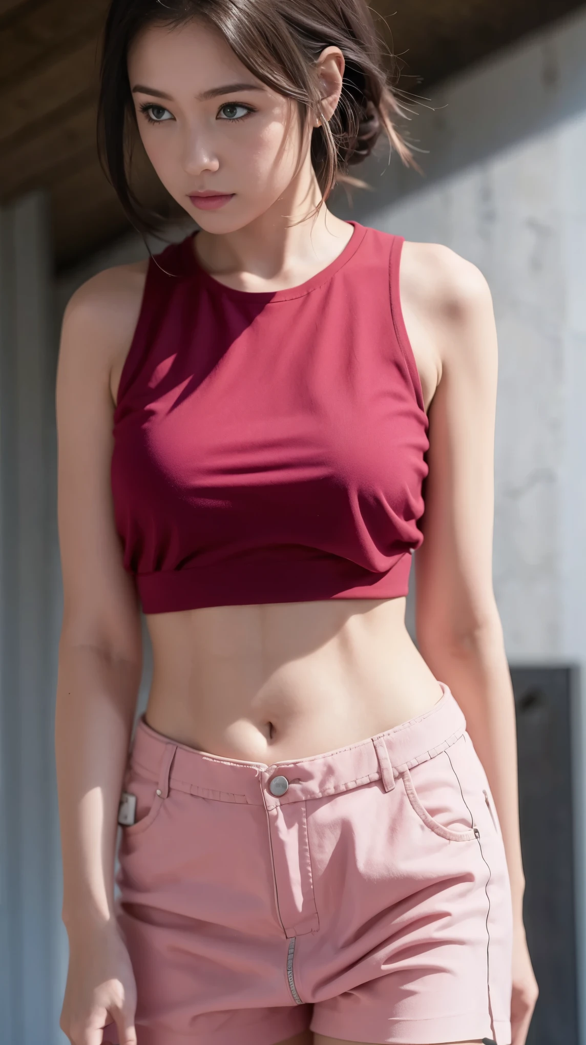 A girl wearing crop tank top pink