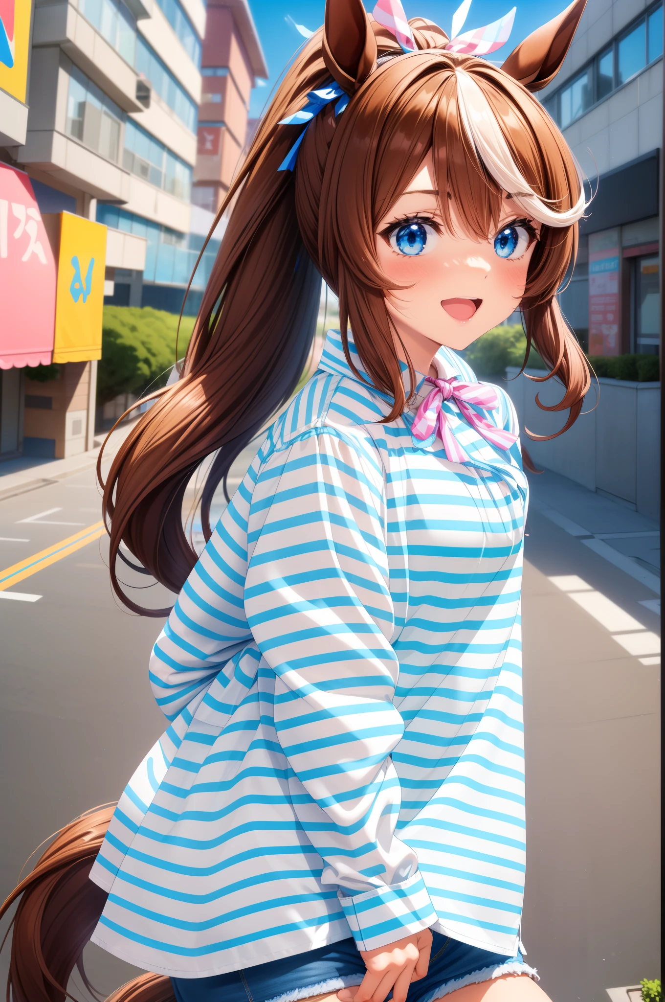 masterpiece, highest quality,
tokai teio \(umamusume\),
From above, upward, look up, smile, open your mouth, brown hair waving, ponytail, (horse ears:1.2), (A brown horse tail grows:1.), white mesh hair ribbon, blue ribbon on ear, pink ribbon, (White and blue striped shirt:1.3), (denim shorts:1.2), city background, carry baggage