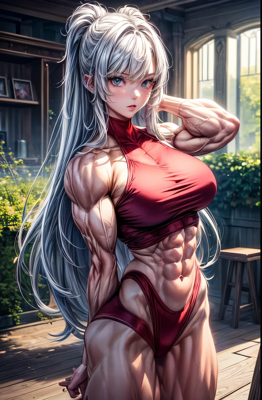 (best lighting) , (Extremely complex and detailed) , 4K unified, (Super detailed CG: 1.2) , (8k: 1.2),(The original), (masterpiece) , (best quality),(masterpiece:1.4),Anime-like high quality,(masterpiece),masterpiece, Super clear picture quality,clearer than,(delicate face)best quality, absurd,((Master of Peace, 4K, 8k, Yes, high resolution))1个girl, female student,She was in the garden,Ten strong abdominal muscles,stand up,exposed abdomen, Crop topping,Dense, raised veins on the arms,spring, boots, Perfect body, silver long hair, dynamic poses,legs exposed,Strong leg muscles ((bodybuilder:1.5)),spring Garden,(beautiful bass),(girl),(woman),(((Upper body:1)))