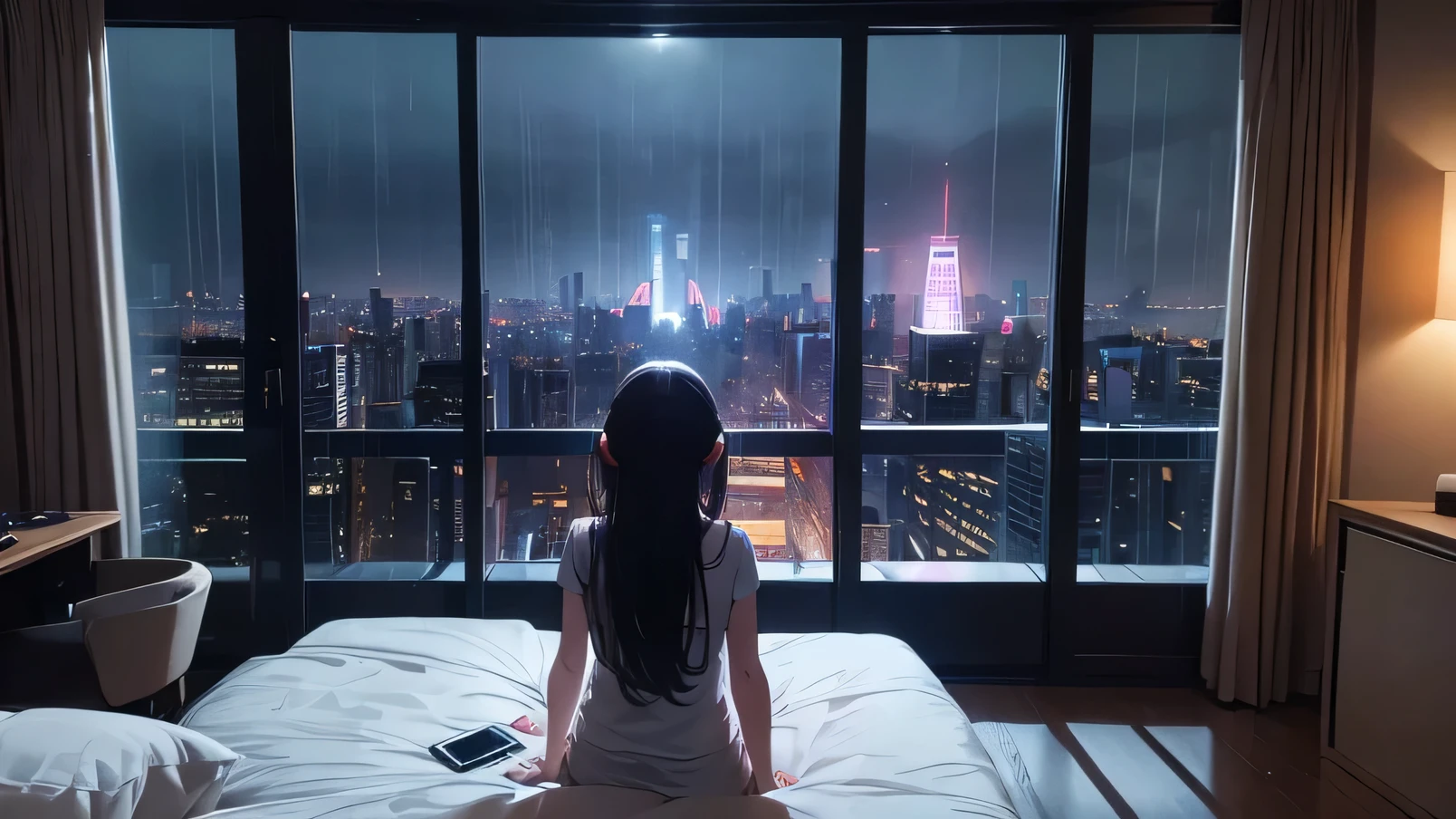 Game room in the apartment,
It's night now, raining outside, Million dollar night view from the window, A girl is crying in bed and looking at her smartphone. You can see the whole room, the window is very big.