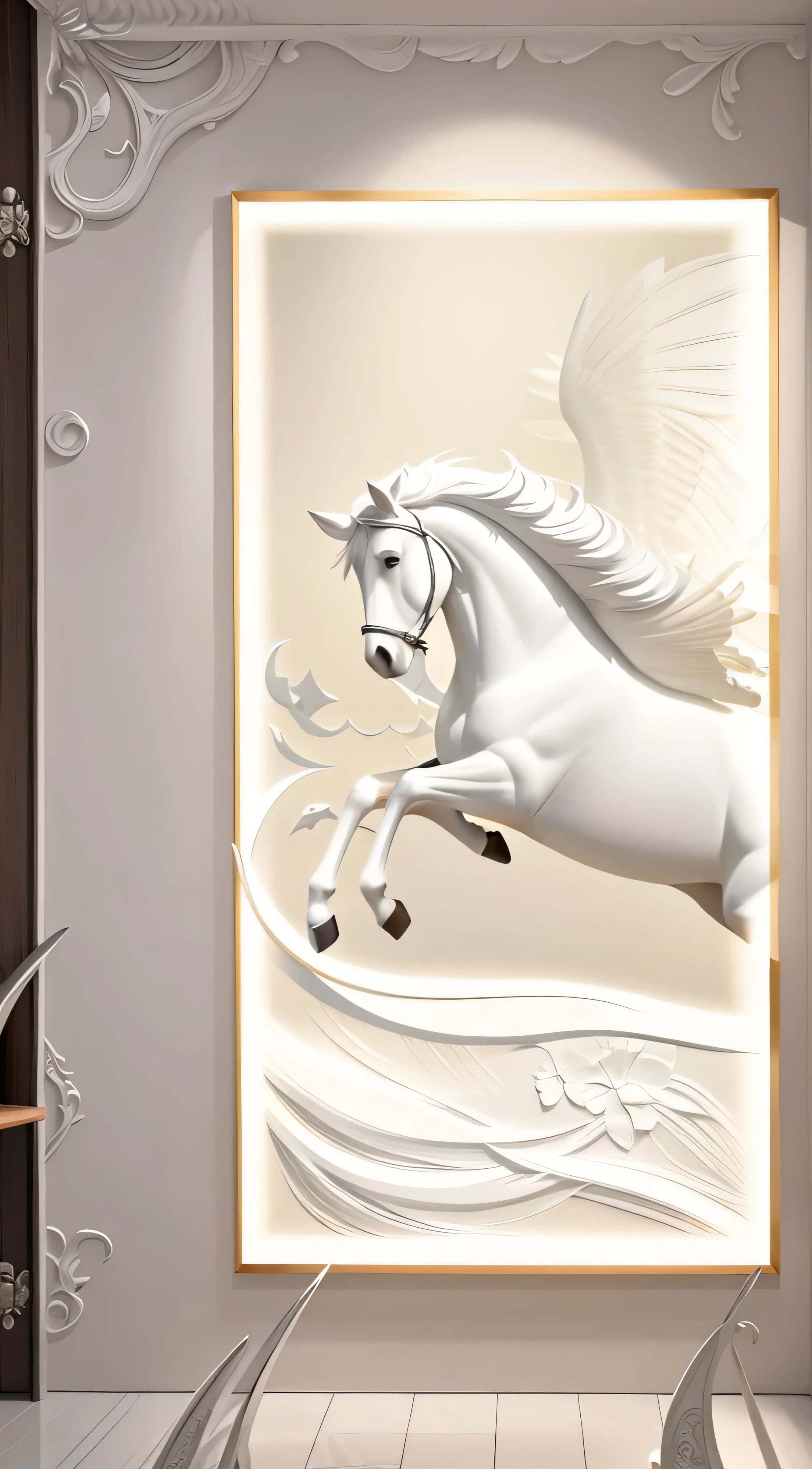 a picture of a white horses with wings is in a room, an all white horses, white horses, digital horses, a silver painting, art sketch, The paintings are elegant and delicate, High quality gloss art, 3D marble carving sculpture, 2021, 飞horses座, 2 0 2 1, high quality 16k digital art, horses