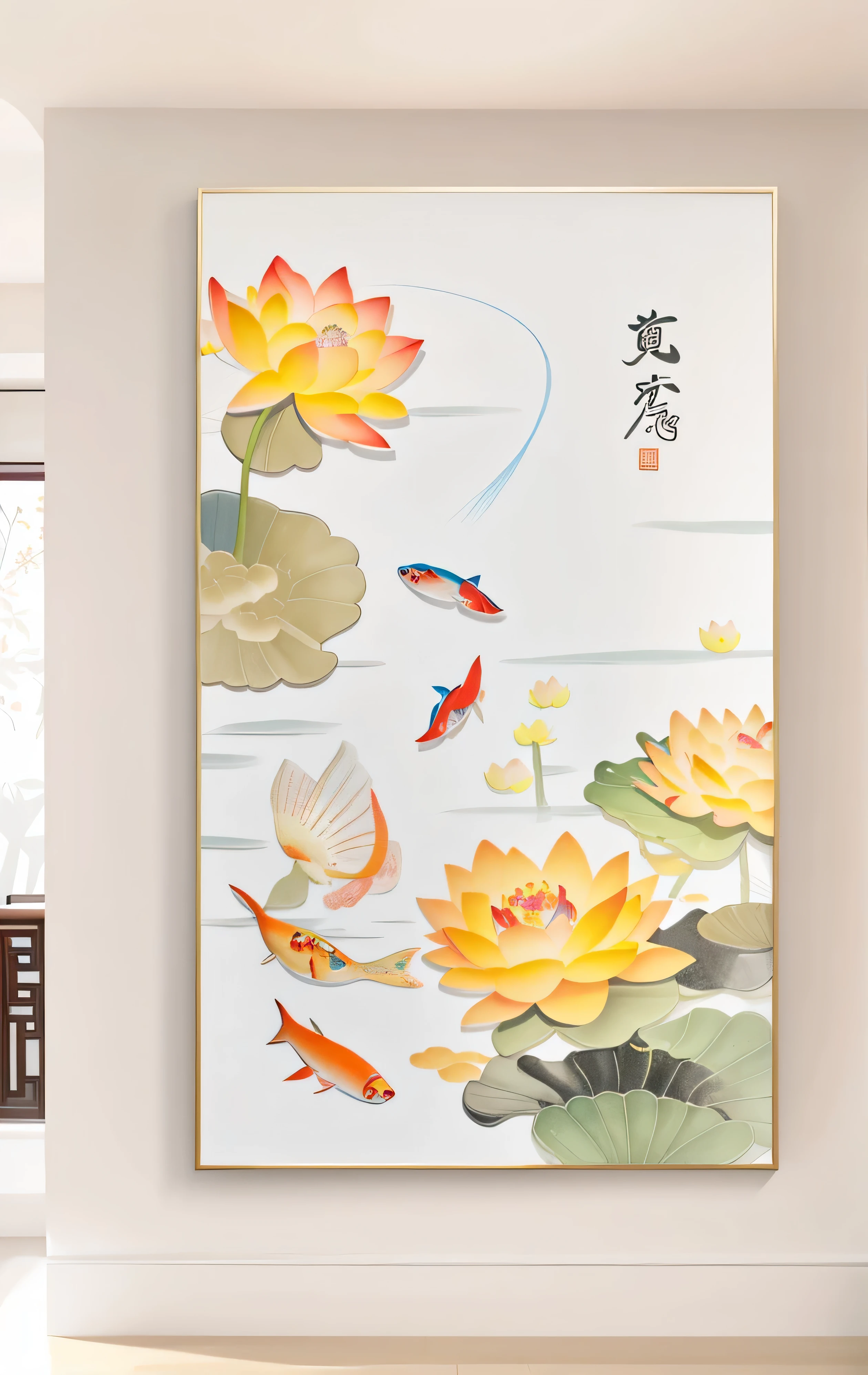 There is a painting of fish and flowers on the wall, Chinese painting style, Chinese painting, lotus