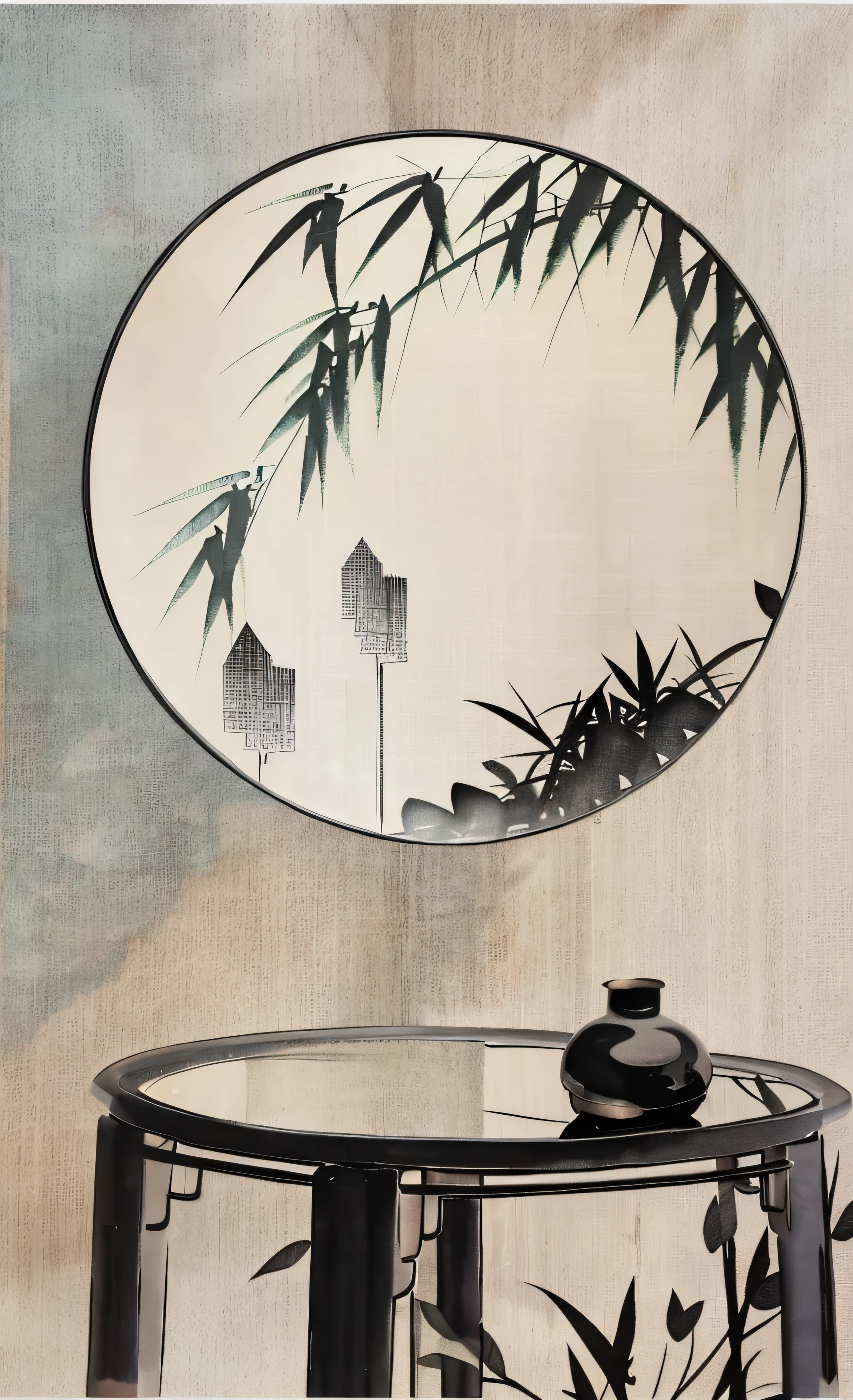 There's a table here,There is a vase and a mirror on it, Chinese painting style, scroll hanging on wall, pop-art, high quality art, Chinese style, Bamboo's, Chinese ink painting, Round simple back, traditional Chinese ink painting, Inspired by Shen Shichong, Inspired by Du Qian, Inspired by Kano Gengxin