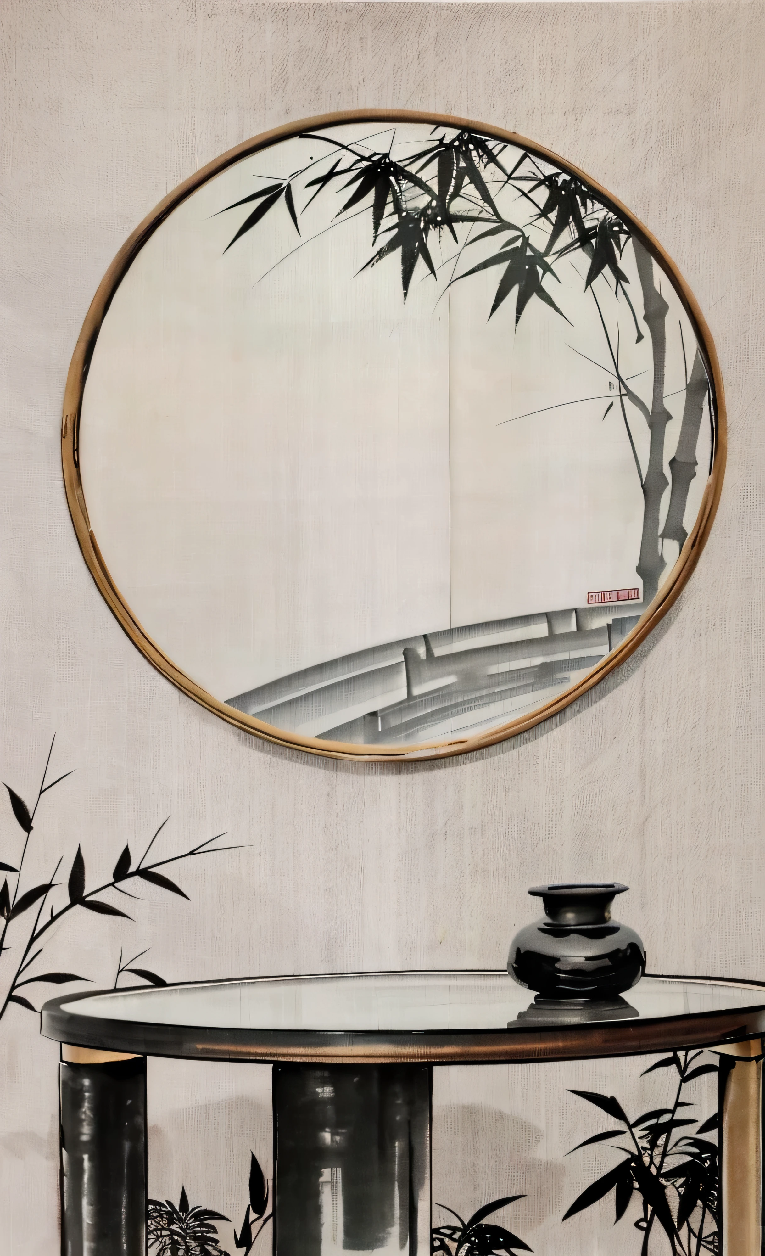There's a table here,There is a vase and a mirror on it, Chinese painting style, scroll hanging on wall, pop-art, high quality art, Chinese style, Bamboo's, Chinese ink painting, Round simple back, traditional Chinese ink painting, Inspired by Shen Shichong, Inspired by Du Qian, Inspired by Kano Gengxin