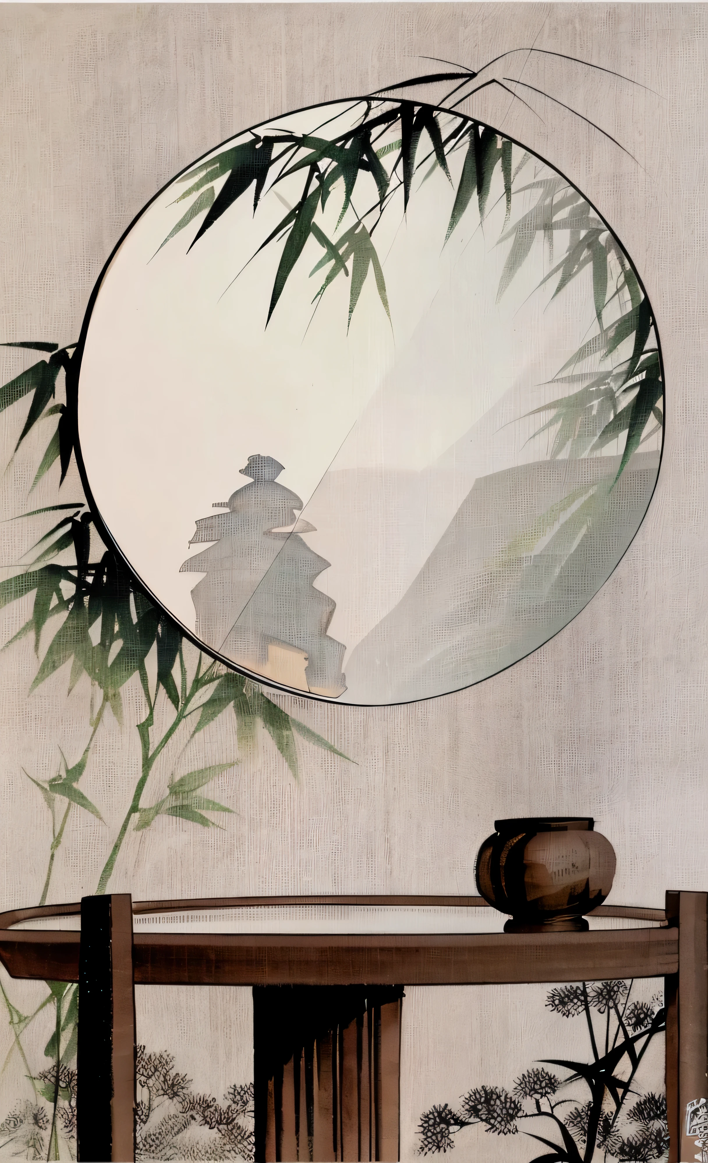 There's a table here,There is a vase and a mirror on it, Chinese painting style, scroll hanging on wall, pop-art, high quality art, Chinese style, Bamboo's, Chinese ink painting, Round simple back, traditional Chinese ink painting, Inspired by Shen Shichong, Inspired by Du Qian, Inspired by Kano Gengxin