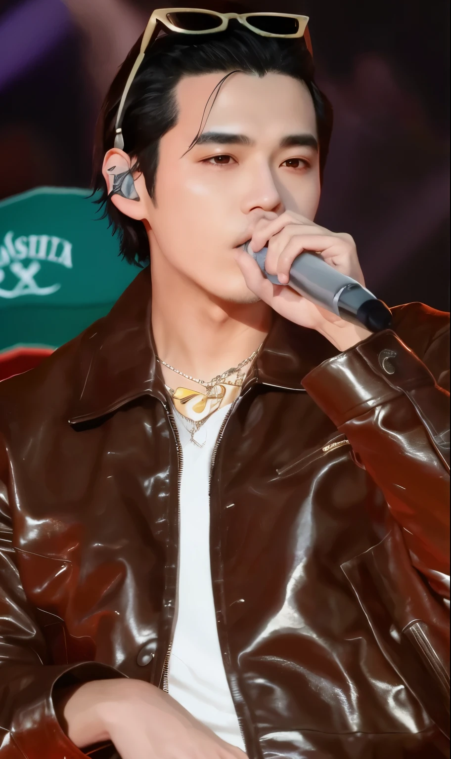 Araffe in a brown jacket and sunglasses holding a microphone., cai xukun, jungkook, kim doyoung, hyung tae, brillante por la lluvia, park Jimin, Jinyoung Shin, Jimin, Jimin\los labios carnosos, inspirado en Bian Shoumin, key still, jia, TaeJune Kim, actuando en el escenario, suave en _ el fondo, yoongi de pelo ?????
