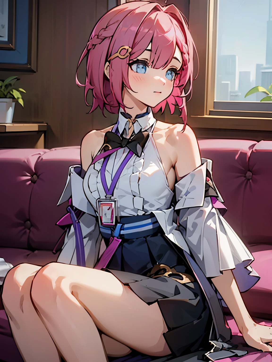 1girl, asta from honkai star rail, pink short hair, short ponyside hair, blue eyes, wearing her outfit, doing daily activities, indoor, very detailed background, many furnitures, masterpiece, highres, ultrahd,