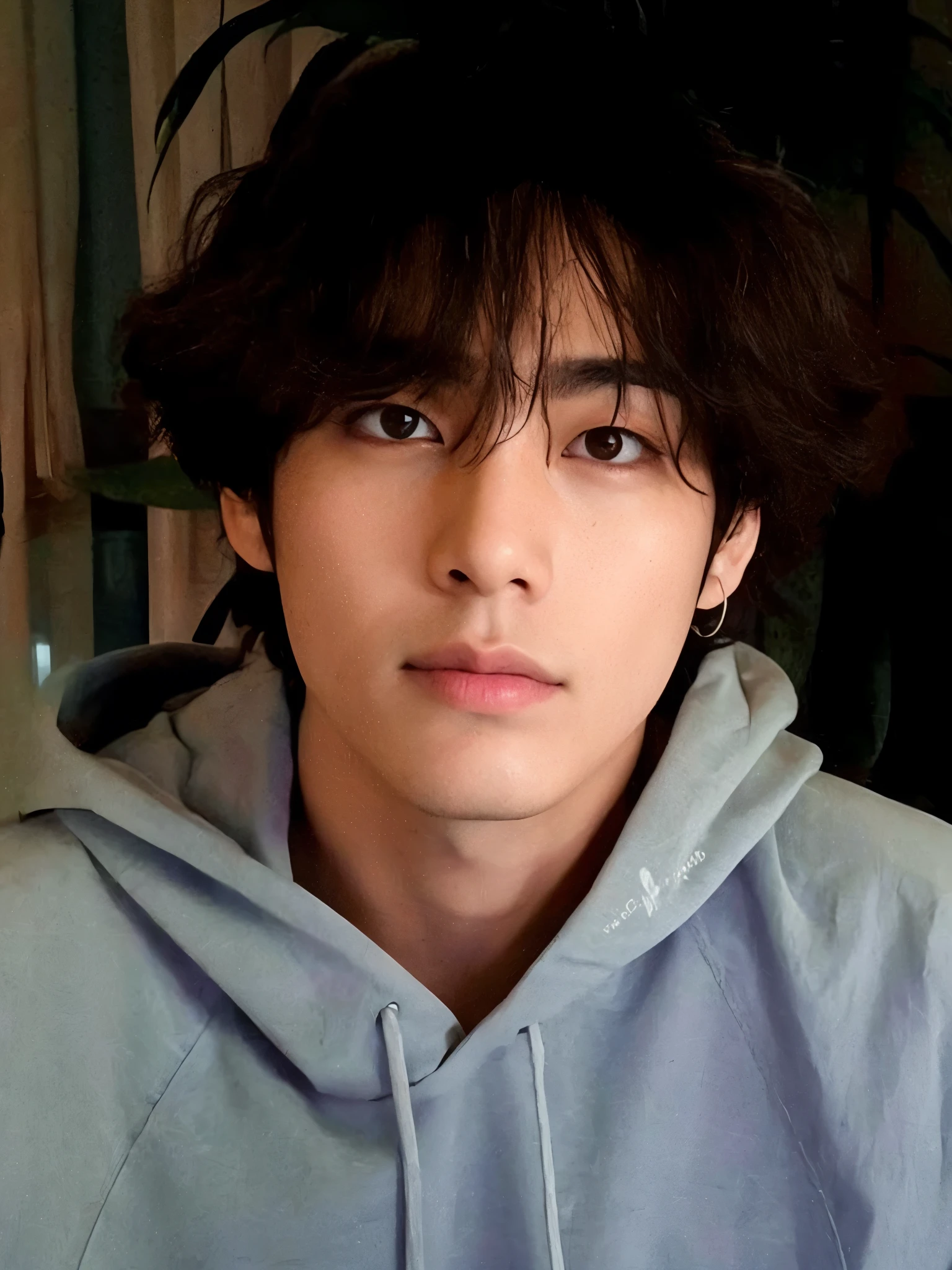 homem arafiado com moletom preto e uma planta ao fundo, profile picture with headshot, Kim Taehyung , hyung kim, rosto bonito, Jimin\the full lips, inspirado em Kim Taehyung bts, rosto bonito, taken at the beginning of 2020, foto de perfil, Jimin\o nariz grego, hyung tae, realista, Ultra-HD
