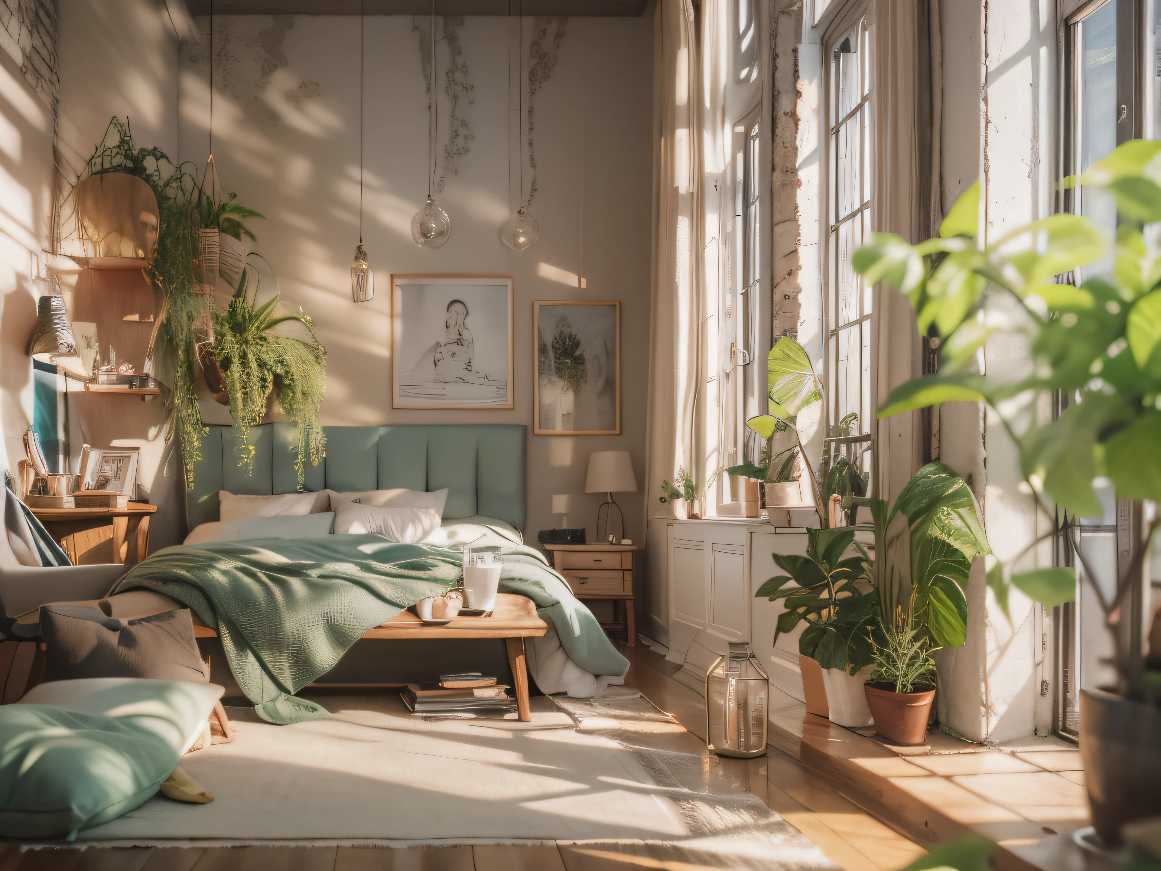 High-detail RAW color photography, Loft-style bedroom interior, (higly detailed, hyper-detailing, Entanglement), (lens glare: 0,7), (bloom: 0,7), particle fx, ray traced, 电影灯光, Shallow depth of field, photographed with Sony a9 II, 50mm wide angle lens, sharp-focus