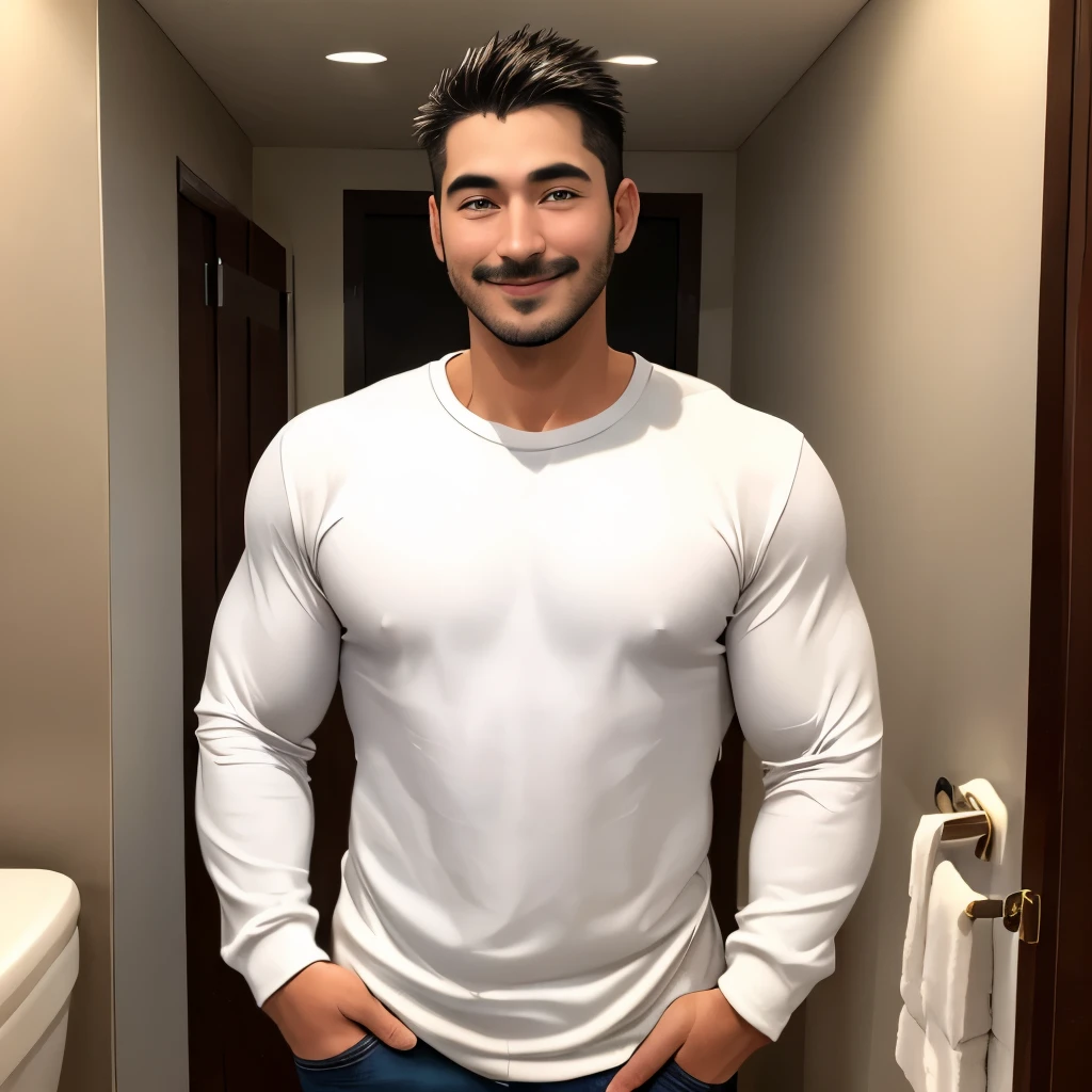 (highest quality:1.5), (masterpiece:1.5), (Large luxury bathroom:1.2), (Japanese:1.1), solo, hot guy, [brown mohawk:0.9], short mustache, (macho:1.2), 33 years old, Long sleeve white T-shirt, jeans, (shoot from front:1.3), Are standing, looking at the camera, smile