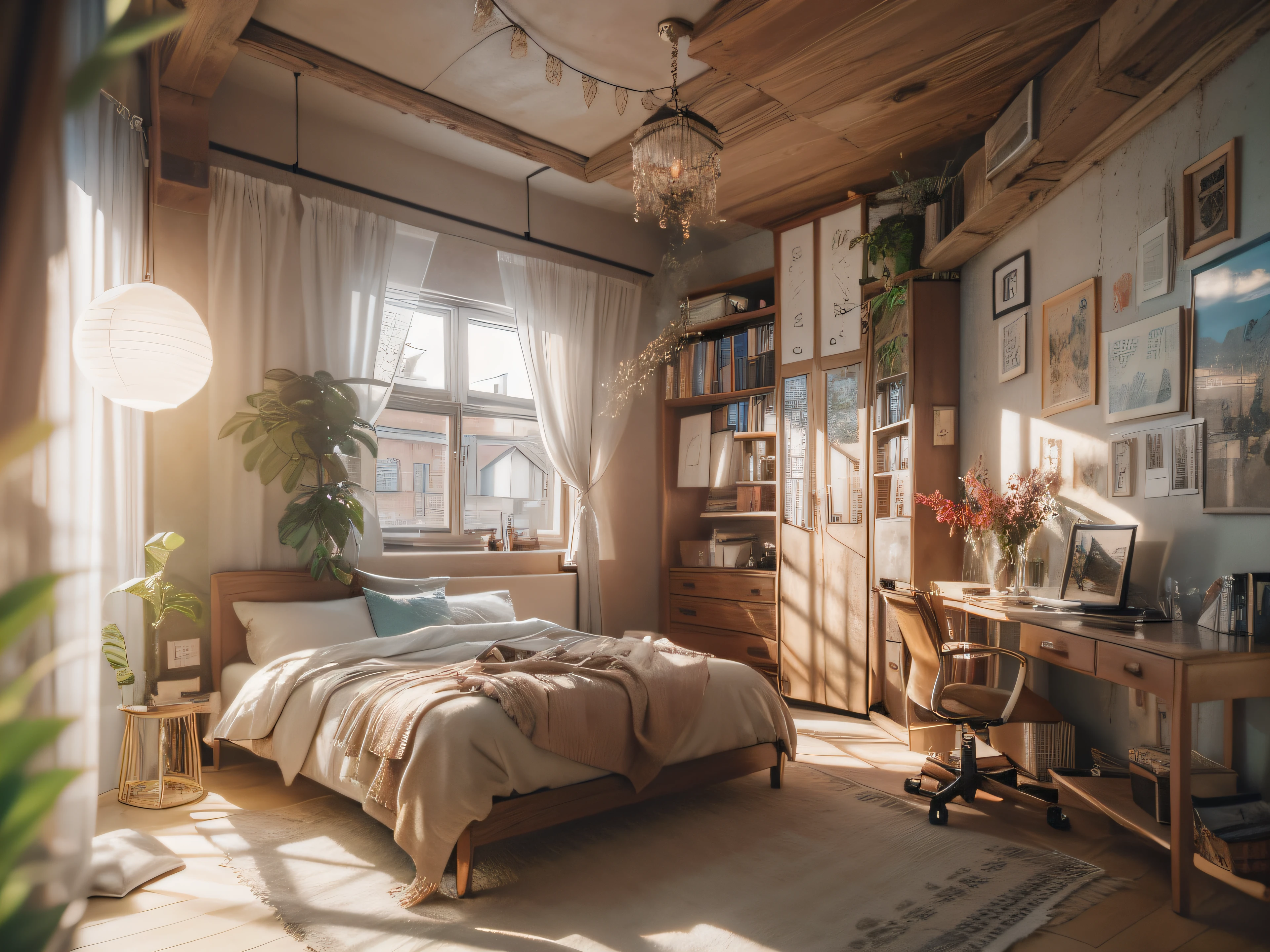 High-detail RAW color photography, Loft-style bedroom interior, (higly detailed, hyper-detailing, Entanglement), (lens glare: 0,7), (bloom: 0,7), particle fx, ray traced, 电影灯光, Shallow depth of field, photographed with Sony a9 II, 50mm wide angle lens, sharp-focus