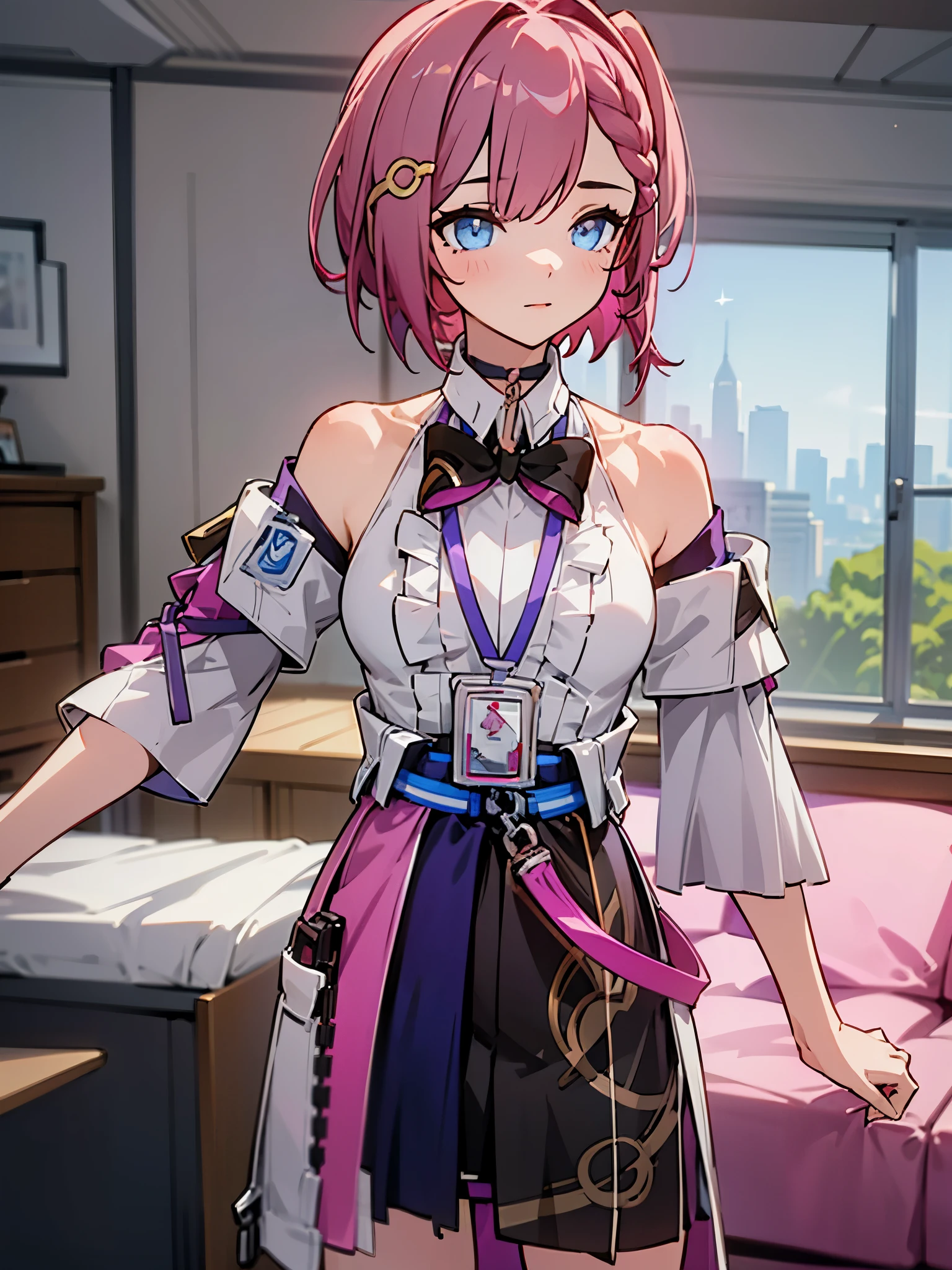 1girl, asta from honkai star rail, pink short hair, short ponyside hair, blue eyes, wearing her outfit, doing daily activities, indoor, very detailed background, many furnitures, masterpiece, highres, ultrahd,