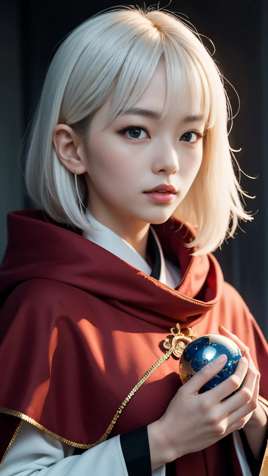 ((highest quality, 8K, masterpiece: 1.3)), sharp focus: 1.2, beautiful woman with perfect style,surreal), (High resolution), (8K), (very detailed), (beautiful and fine eyes), (highest quality), (super detailed), (masterpiece), (detailed face),Anime character with white hair and red cloak holding a crystal ball, Haise Jinyao, white haired god, Inspired by Bian Shoumin, Inspired by Michio Kan, Inspired by Yoon Doo Seo, Inspired by Hong Ren, Inspired by Lu Ki, Inspired by Huang Gongbang, inspired by Ren Xiong, Inspired by Li Miki