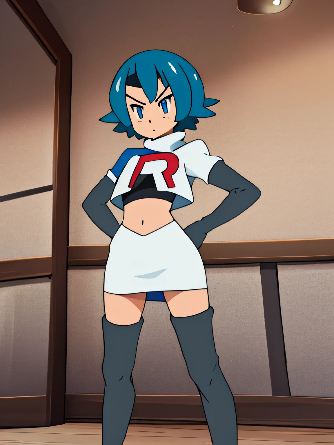 fembyleth, very short hair, navy hair ,glossy lips ,masterpiece, best quality, highres,team rocket uniform, red letter r, white skirt, white crop top, black thigh-high boots, black elbow gloves, glaring angrily, looking down at viewer, hands on hips, full body seen, zettai ryouiki