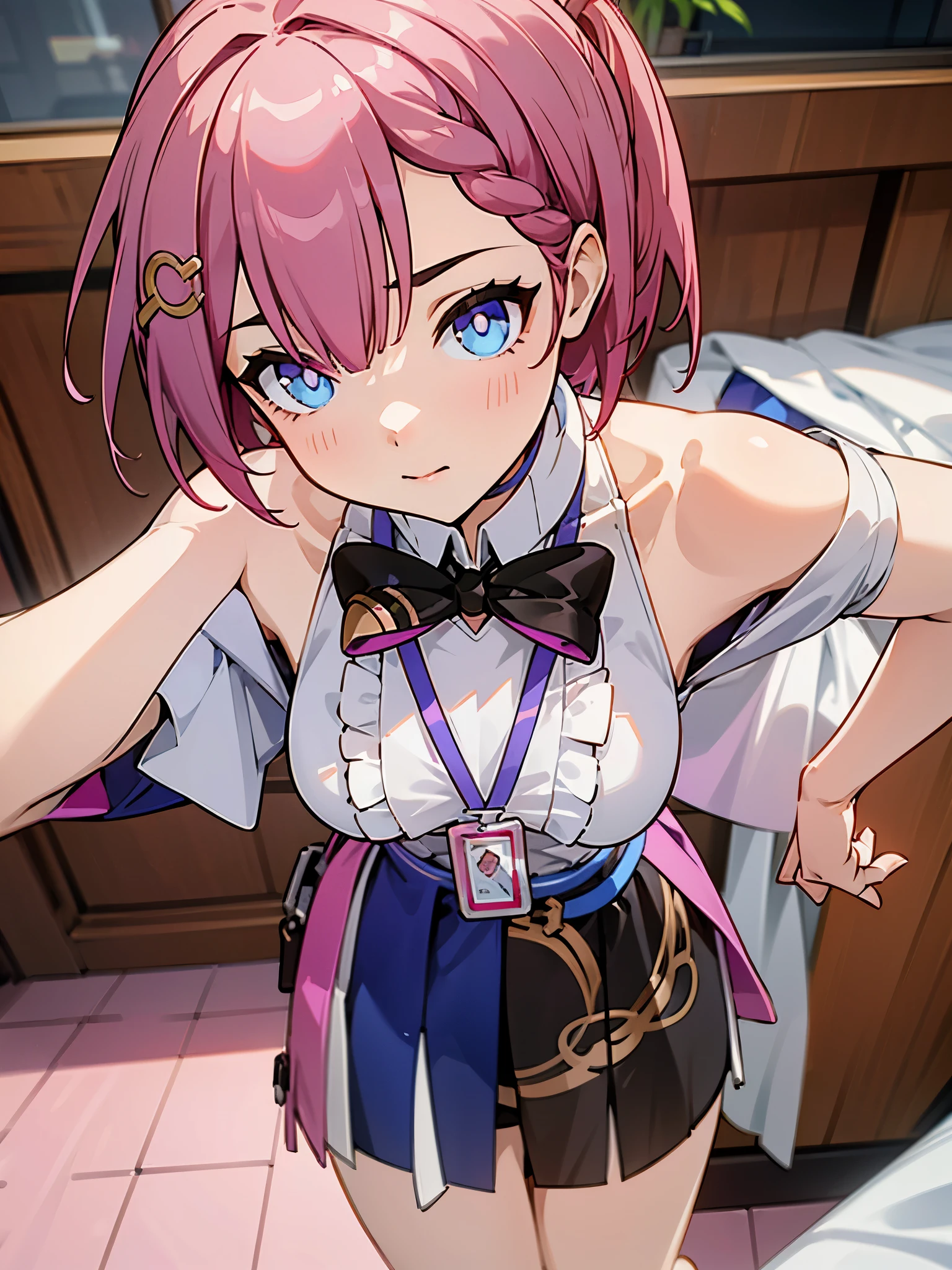 1girl, asta from honkai star rail, pink short hair, short ponyside hair, blue eyes, wearing her outfit, doing daily activities, indoor, very detailed background, many furnitures, masterpiece, highres, ultrahd,