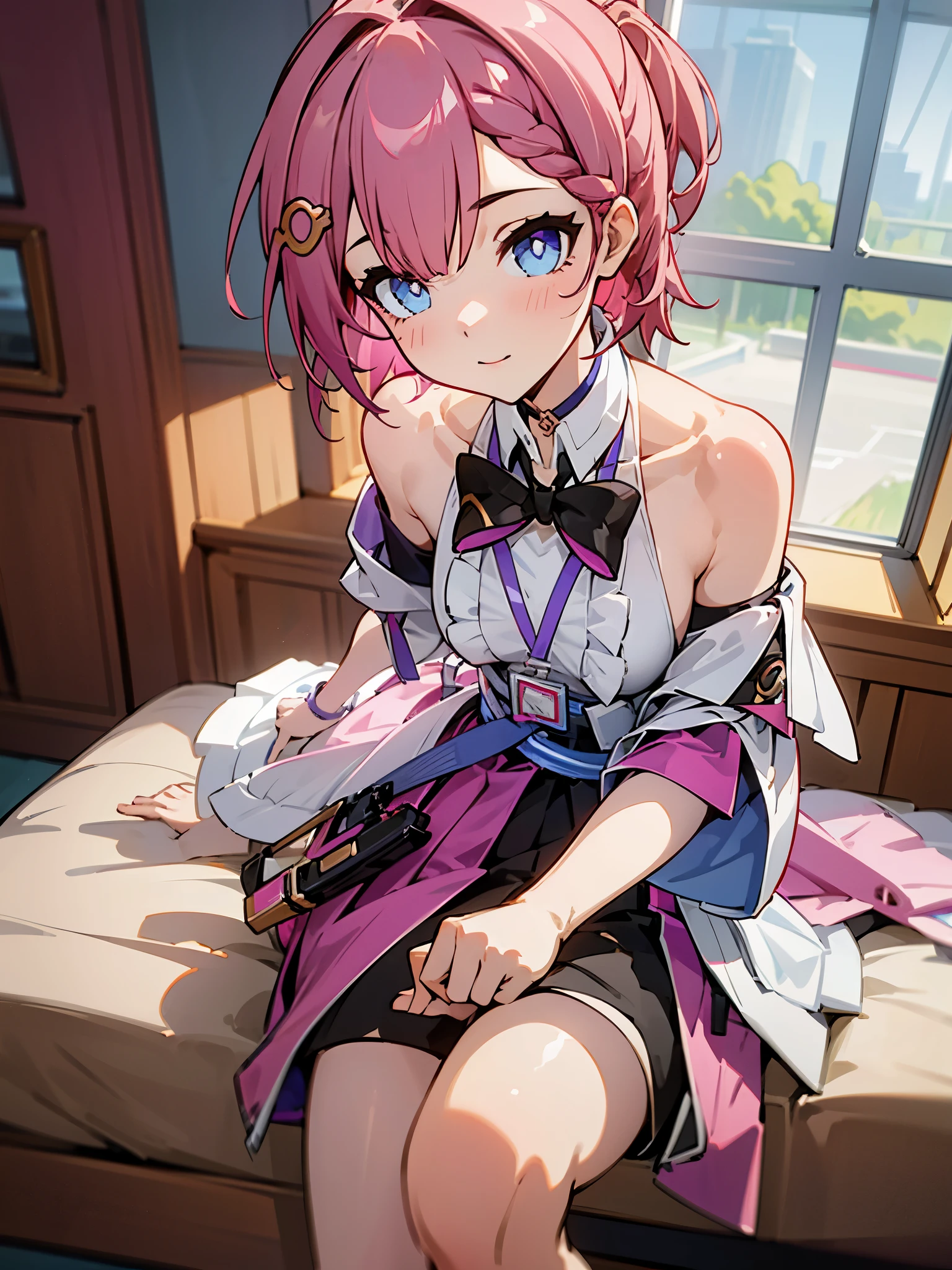 1girl, asta from honkai star rail, pink short hair, short ponyside hair, blue eyes, wearing her outfit, doing daily activities, indoor, very detailed background, many furnitures, masterpiece, highres, ultrahd,