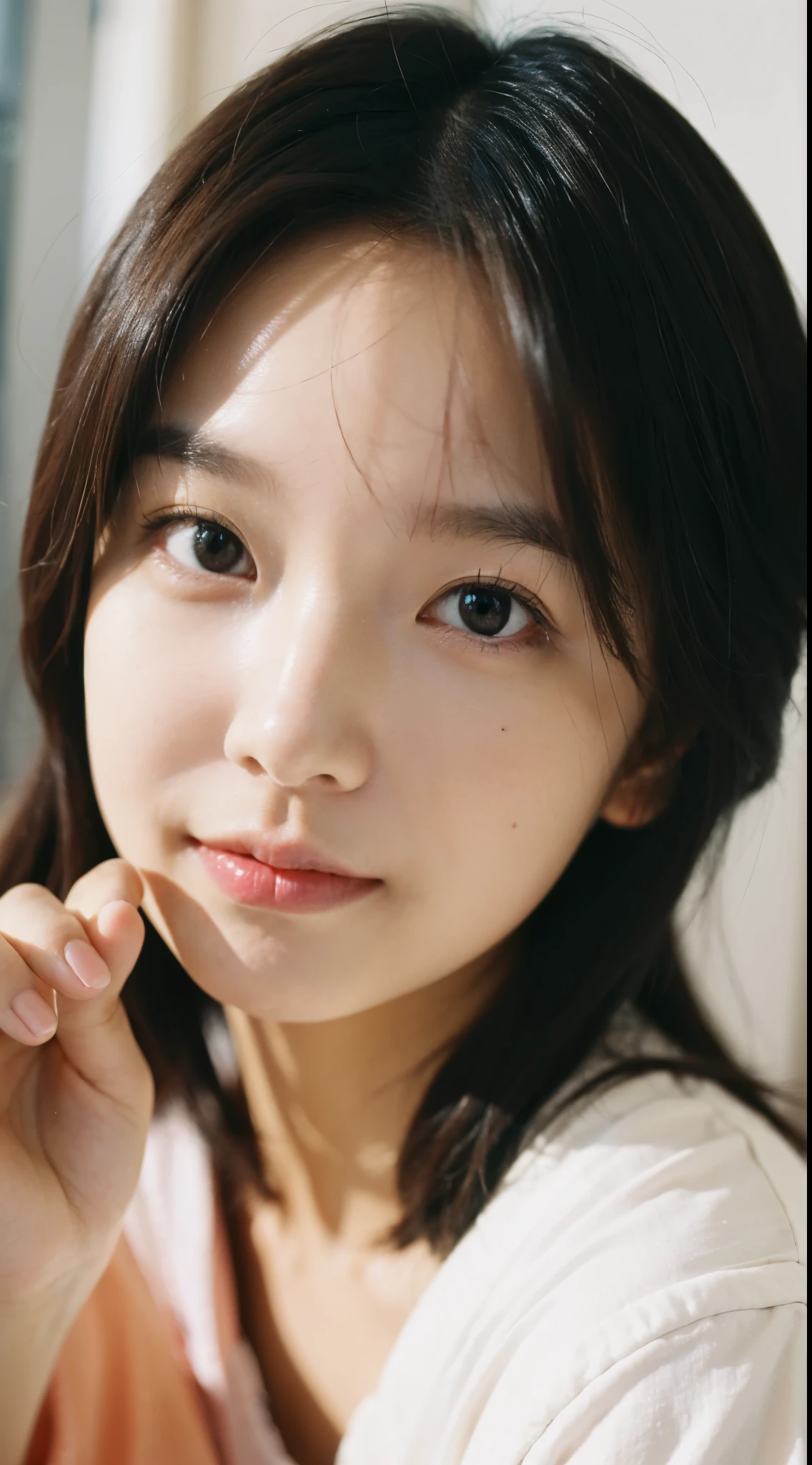 Woman looking at camera、Young children、upward glance、no makeup、No makeup、Take a selfie with your phone、cute pose、close up of face、influencer、Instagram