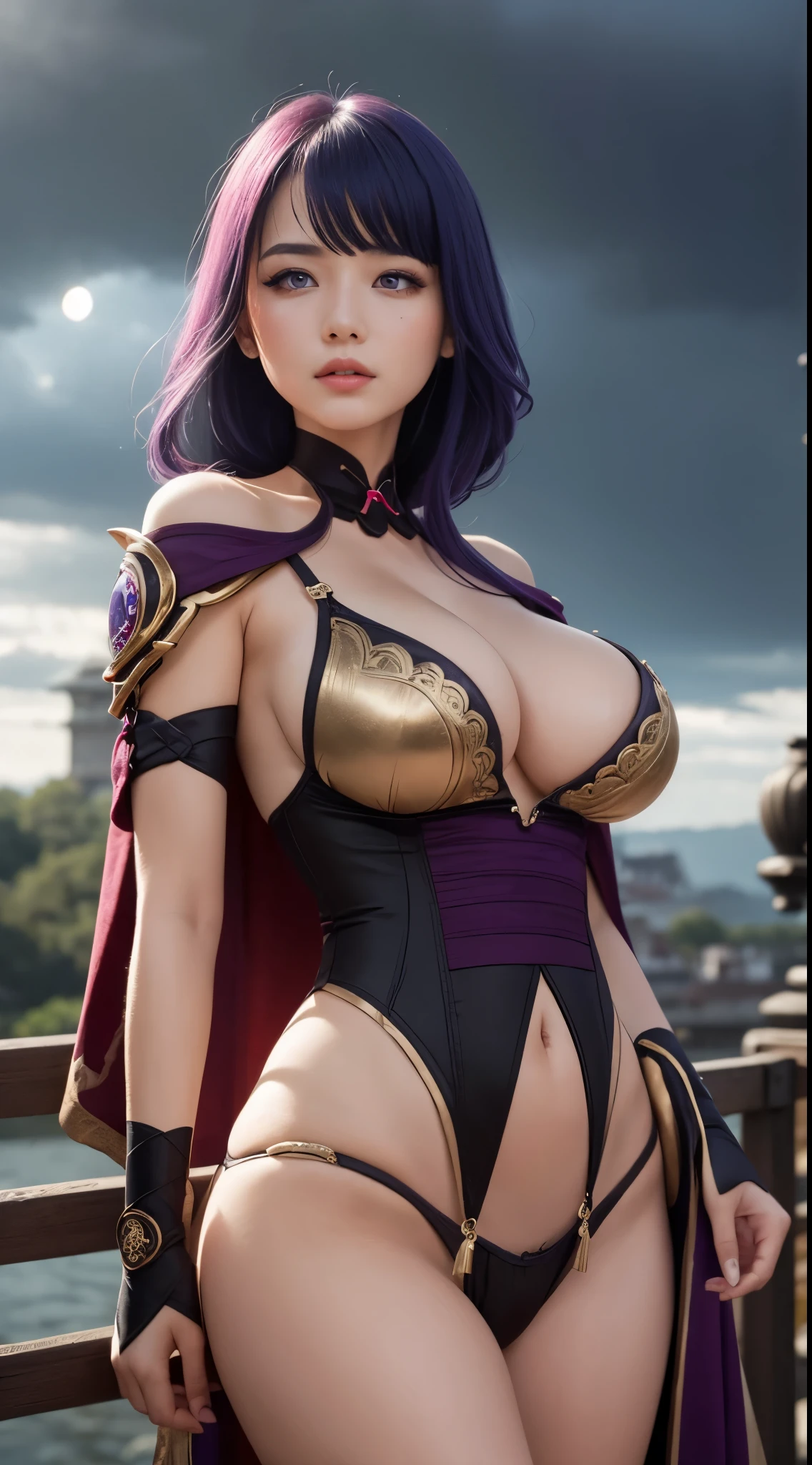 (ultra realistic photo, 8k uhd, full of details in clothes and face, masterpiece, girl goddess of beauty). Shogun Raider from Genshin Impact is a ???? woman with long, flowing purple hair, who wears a highly detailed ?????????????, she wears a jewel on the side of her head adorned with gold details and a gem in the center. - She wears a purple and pink outfit with gold details, with ornate designs in gold. The upper part of the armor is tight to the body, highlighting its curves. (she has long ???????, huge and perfect ??????? emerging from her ????, ?????? cleavage, sharp pointed ???????), ((transparent micro panties showing ?????, perfect ?????)), defined body, body with curves, big perky ???, ????? showing, His arms are covered in armored gloves that have similar designs in gold and are attached to his upper arm by straps. - A piece of cloth flows from his waist, complementing the armor look. - Her face is very beautiful, she has light pink eyes and a serious expression. - In the background, there is a dramatic sky full of dark clouds and lightning lighting the scene. A full moon is also visible between the clouds.