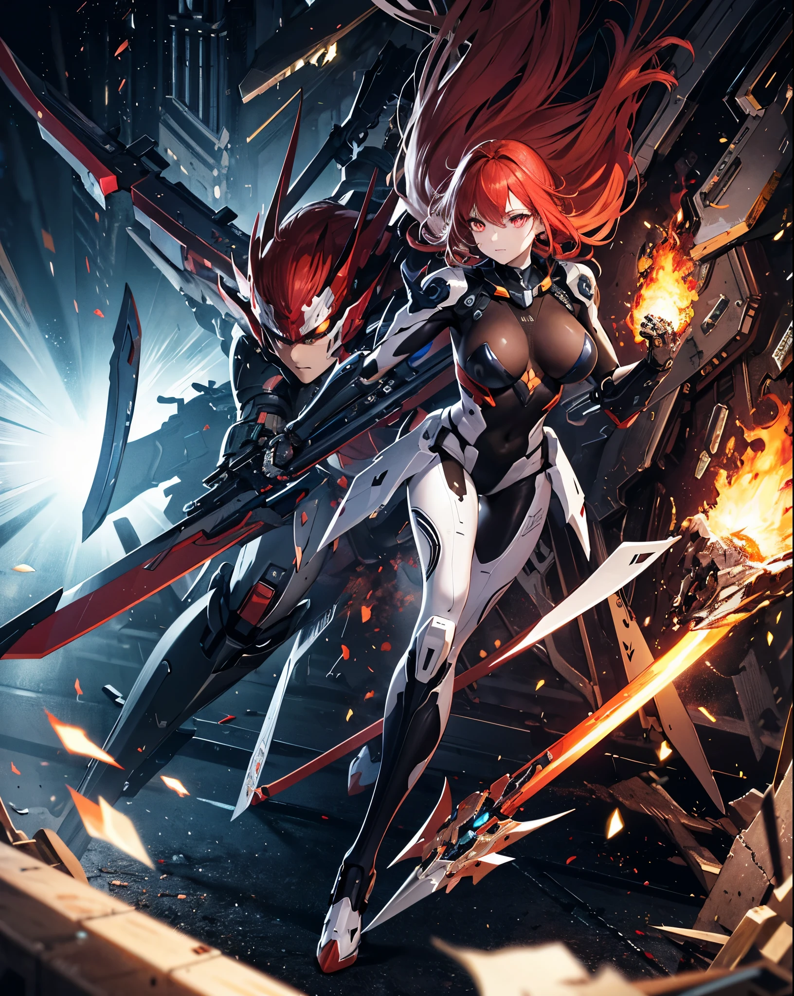 masterpiece,best quality,ultra-detailed,very detailed illustrations,extremely detailed,intricate details,highres,super complex details,extremely detailed 8k cg wallpaper, caustics,reflection,ray tracing,demontheme, anime girls 30 years old, huge sword, fire aura, red hair, mecha huge draon as a pet, fierce, on the knee , full body suit, evil eyes, shining eyes, dominating earth, dragon fist