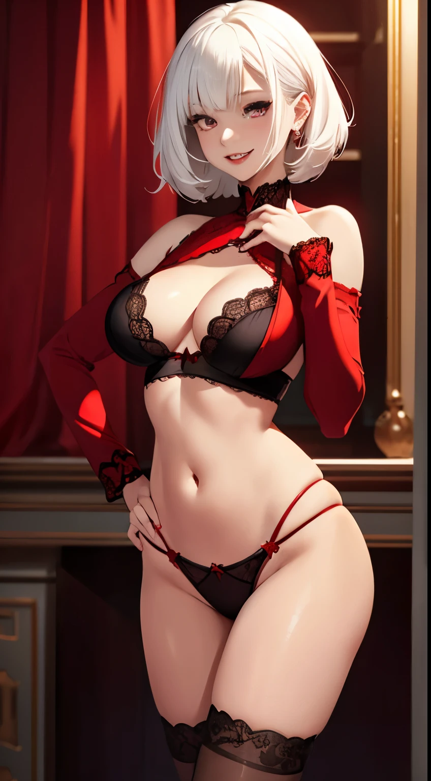 young woman, white hair, red eyes, red lipstick, sweet smile, , open shoulders, open belly, long sleeves, black lace lingerie, Masterpiece, high quality, wide , micro-string,   hose, dark background, perfect eyes, tan lines, hand on hip, red accents, red highlights, elegant dress