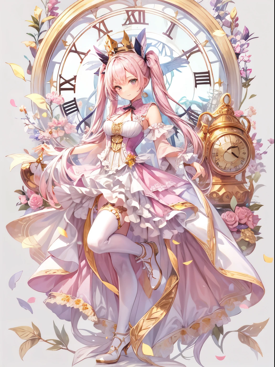 (magical girl:1.2),(magic:1.3),(art by VOFAN:1.2),art by sinoAlice,
(main color is pink:1.4),
pink cloth,wearing crown,(pink crinoline dress:1.3),(gold corset:1.3),(pink serafuku:1.4),(white skirt:1.3), (twintails:1.4),
wearing white Long glove, wearing white knee socks, thighhighs,miku,(white socks:1.3),
smile,
Exquisite,pretty face,beautifull leg,delicate eyes,
magic long wand,gear,clock,baroque,
(white background:1.4), full body, border, (outside border:1.2),

artstation,bling,petals falling,effect,special effect,particle,dusty,Noble,Europe,(fantasy:1.2),classical,Steampunk,star,middle Ages,Monstera deliciosa,Prunus campanulata
magic,femininity, full-body drawing of a character,(best quality:1.2),beautifull fingers,Gothic architecture,Gothic pattern,grass grid,correct leg