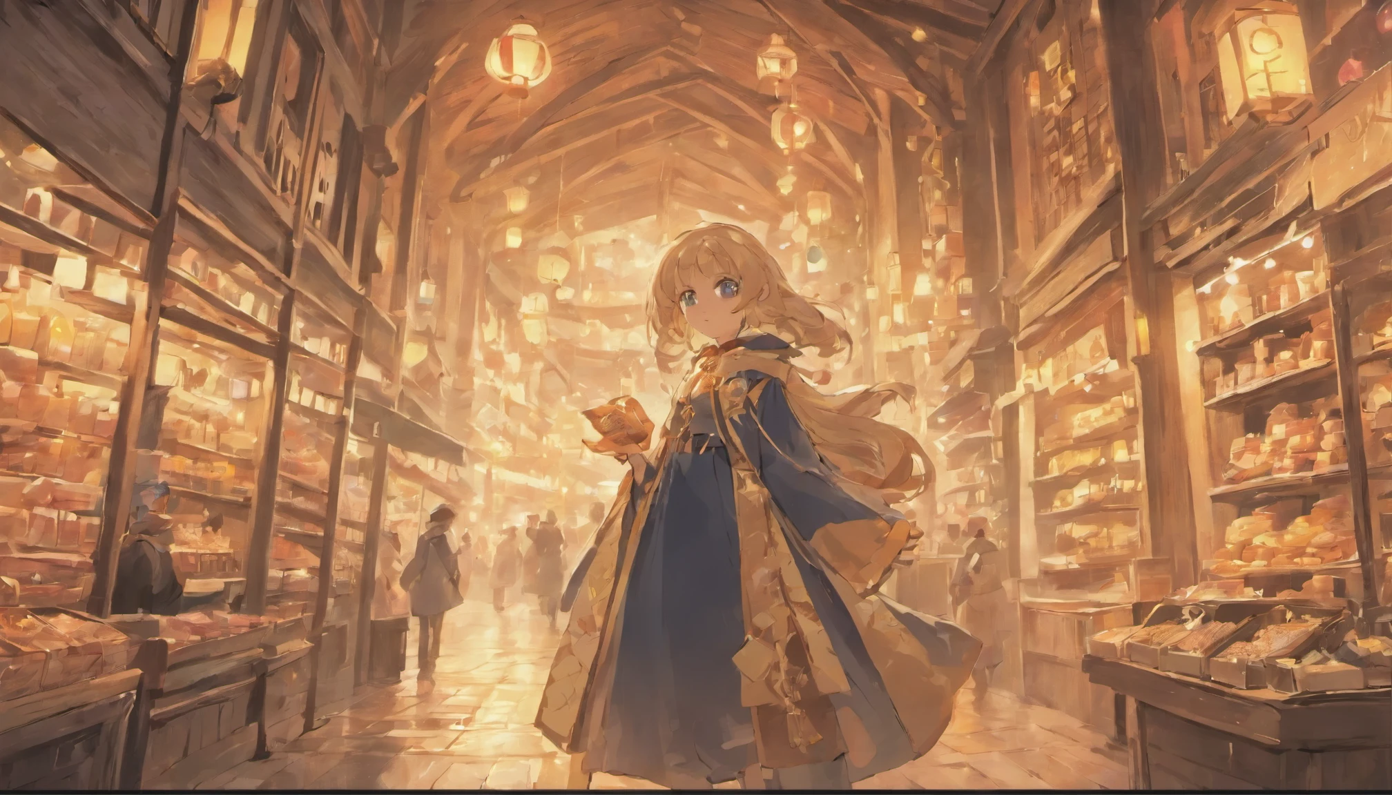 Cute female merchant selling magical items in a busy market,fantasic world,wearing robe,many goods display,masterpiece,soft line,midnight,many lightning ,floating castle over there,many people,dynamic angle,A port town on a slope facing the sea