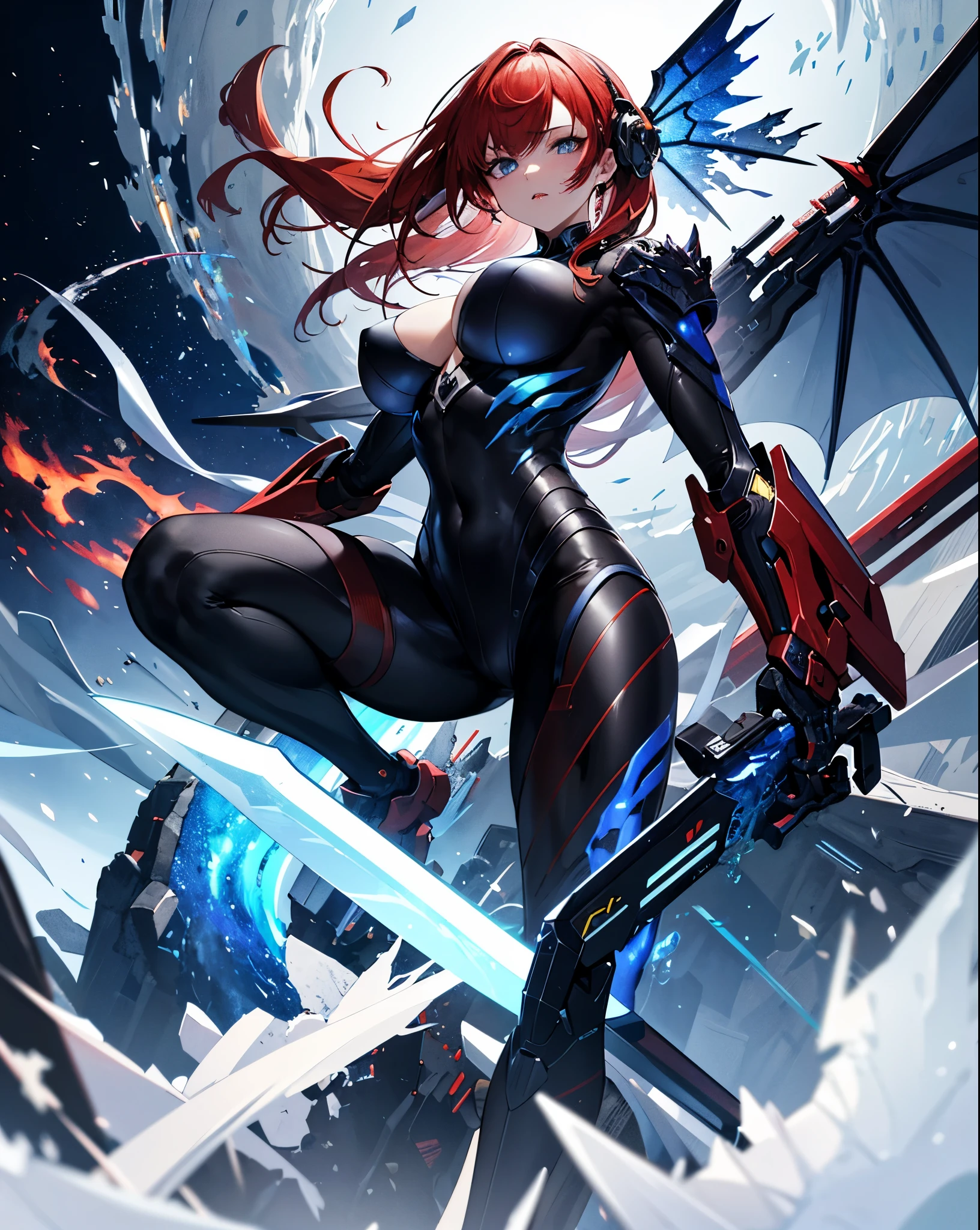 masterpiece,best quality,ultra-detailed,very detailed illustrations,extremely detailed,intricate details,highres,super complex details,extremely detailed 8k cg wallpaper, caustics,reflection,ray tracing,demontheme, anime girls 30 years old, huge sword, fire aura, red hair, mecha huge draon as a pet, fierce, on the knee , full body suit, evil eyes, shining eyes, dominating earth, dragon fist, blue flame