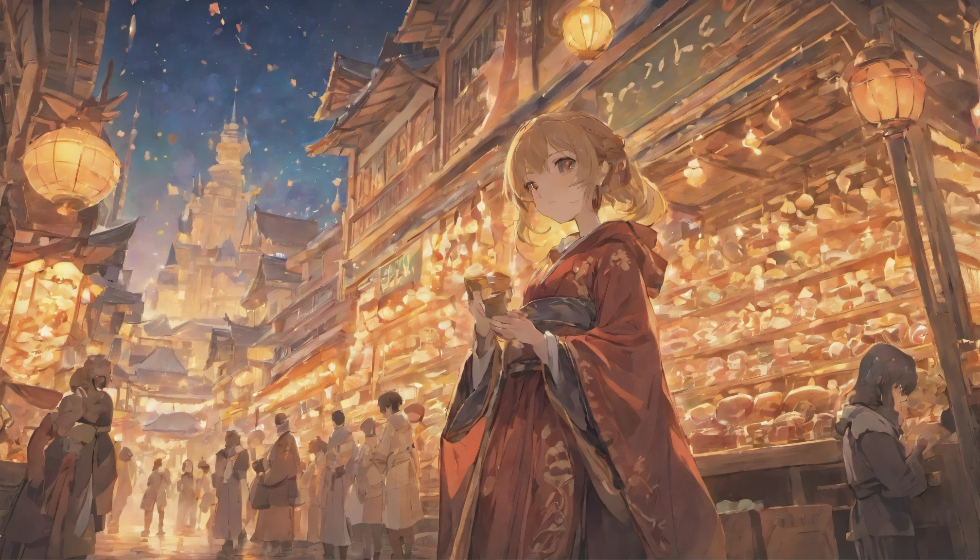 Cute female merchant selling magical items in a busy market,fantasic world,wearing robe,many goods display,masterpiece,soft line,midnight,many lightning ,floating castle over there,many people,dynamic angle,A port town on a slope facing the sea