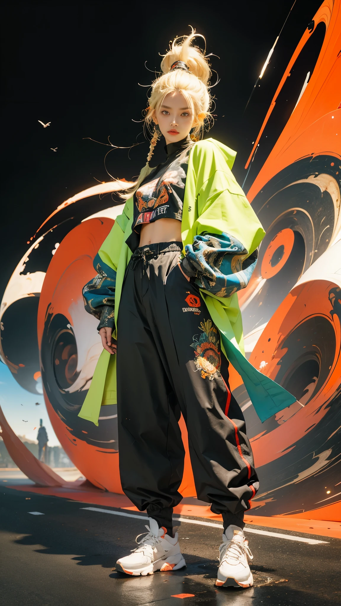 (absurdres, highres, ultra detailed), (1girl:1.3), twintails, blonde hair, BREAK , digital sculpture, 3D modeling, computer-generated forms, virtual art, cutting-edge technology, innovative design, futuristic creations BREAK , psychedelic art, vibrant colors, swirling patterns, optical illusions, hallucinatory visuals, mind-expanding imagery, counterculture influence BREAK , urban style, street-inspired clothing, oversized jackets, graphic prints, statement sneakers, bold accessories, modern cuts, (cowboy shot:1.3)