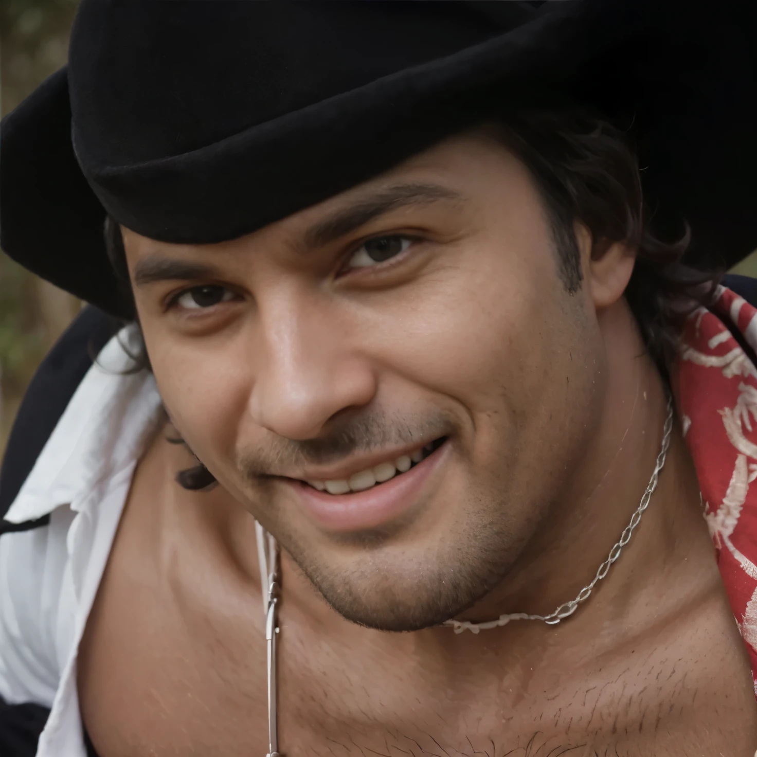 (masterpiece), (realistic), (ultra detailed), ( high reest quality), (photorealistic), (perfect face), (perfect anatomy), ((man))), (((male))), (((fat))), solo, (((negro))), ((30 years old))), Marshall D. Teach from one piece, Marshall D. Teach, one piece, long curly hair, wearing a black robe, black beard, wearing a necklace accessory, (((His mouth was wide open in an evil laugh)))